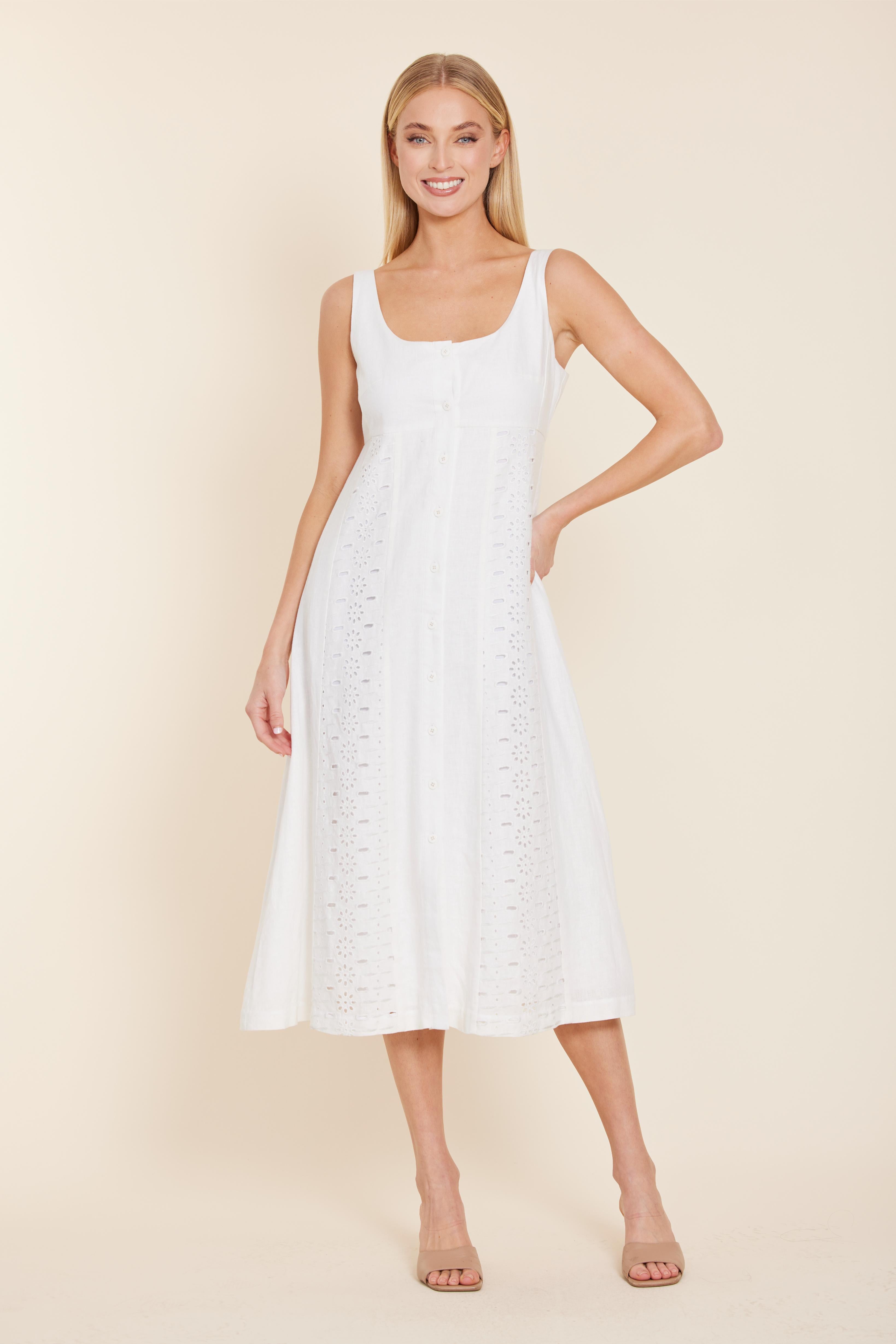 linen eyelet dress Linen Eyelet Midi Dress White / XL