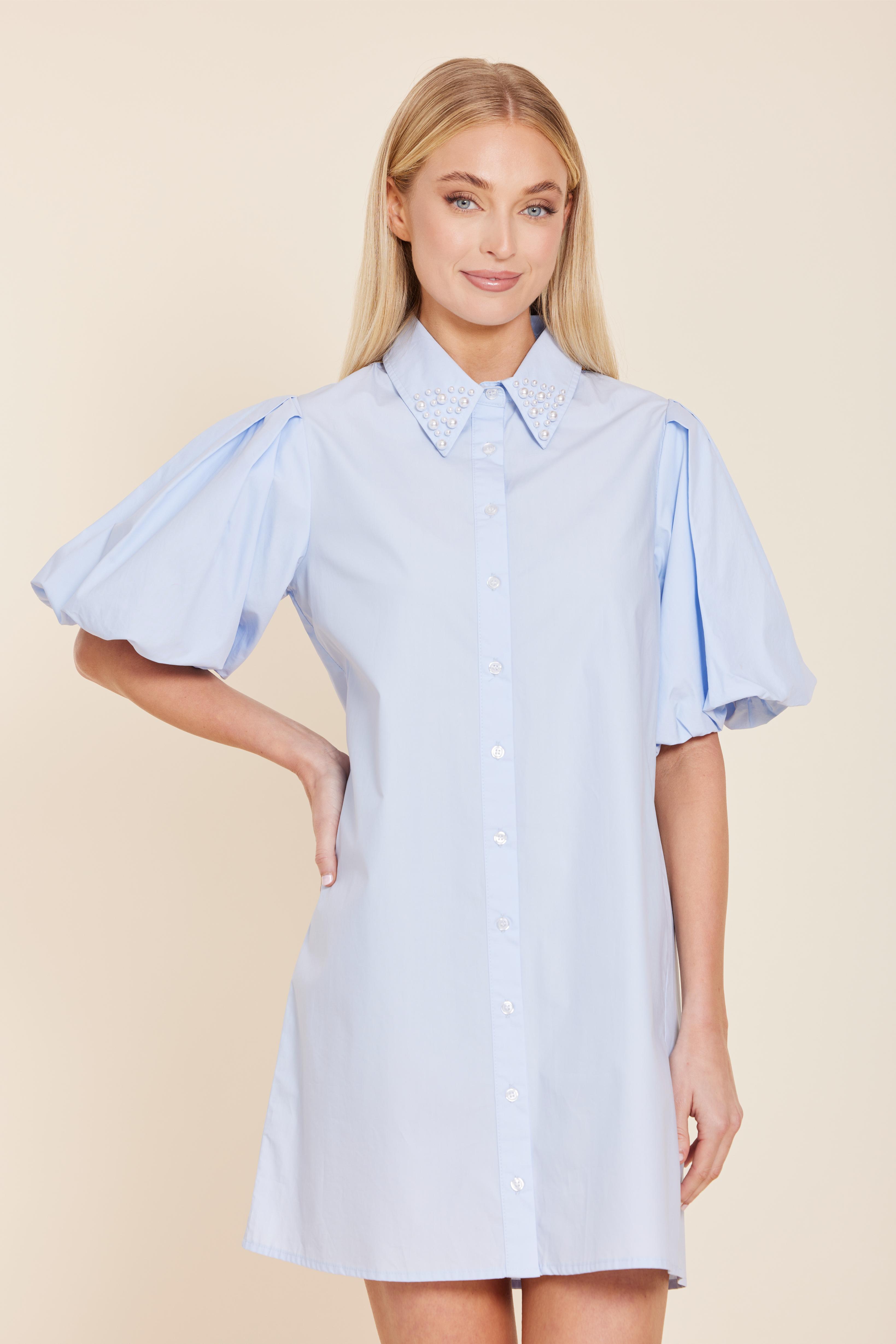 Poplin Pearl Embellished Dress Light Blue / XL
