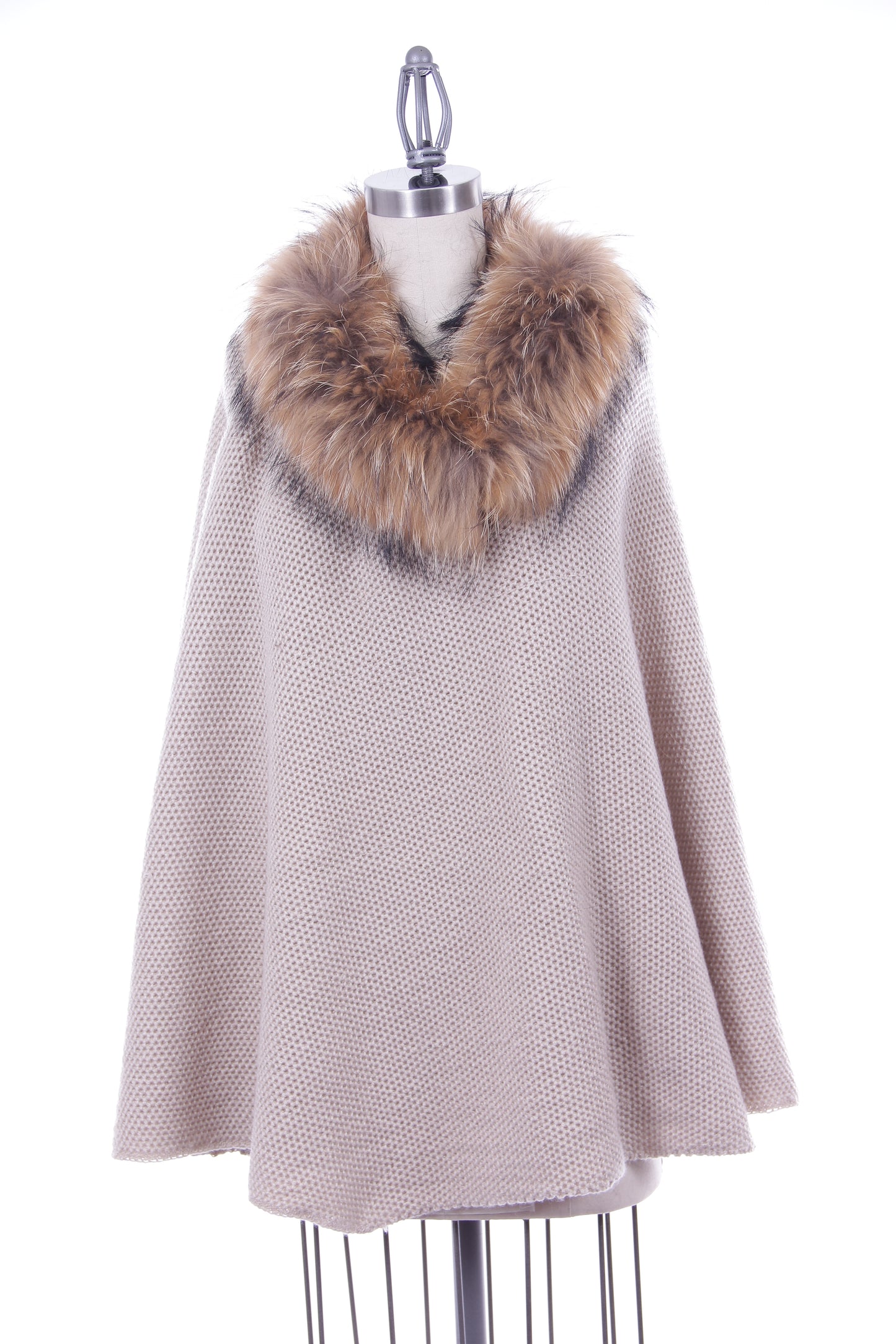 Knitted Poncho with Fur Collar