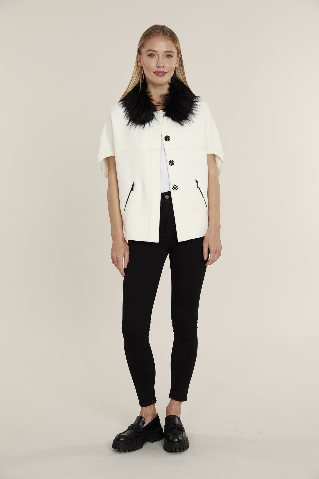 Faux Fur Collar Short Sleeve Cardigan