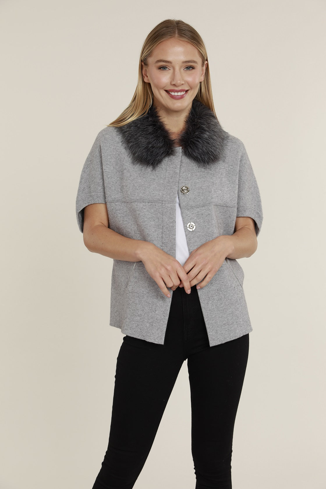 Faux Fur Collar Short Sleeve Cardigan