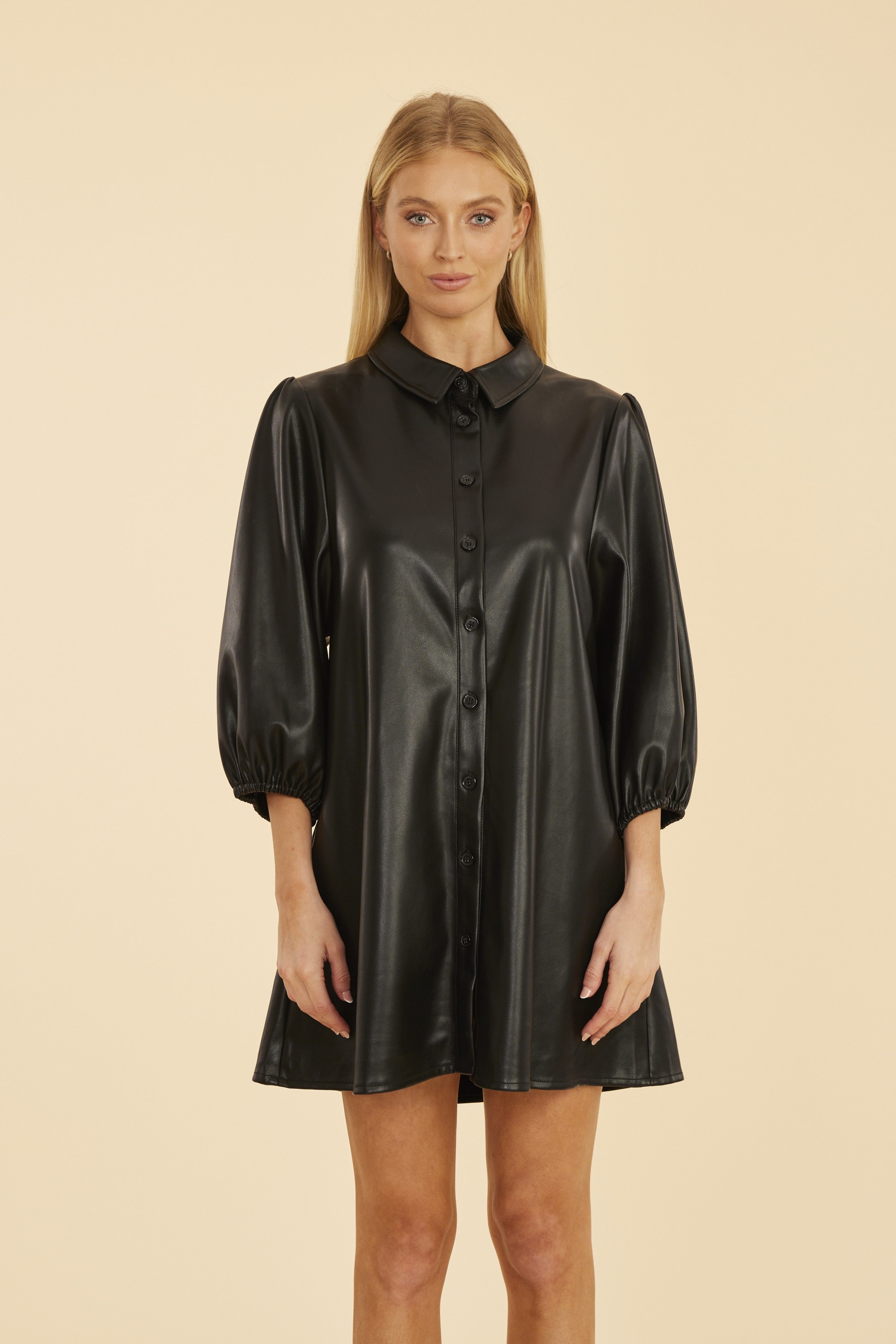 Classic Faux Leather Dress with Puff Sleeves Dolce Cabo Classic Faux Leather Dress with Puff Sleeves Dolce Cabo
