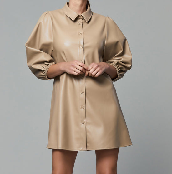 Classic Faux Leather Dress with Puff Sleeves