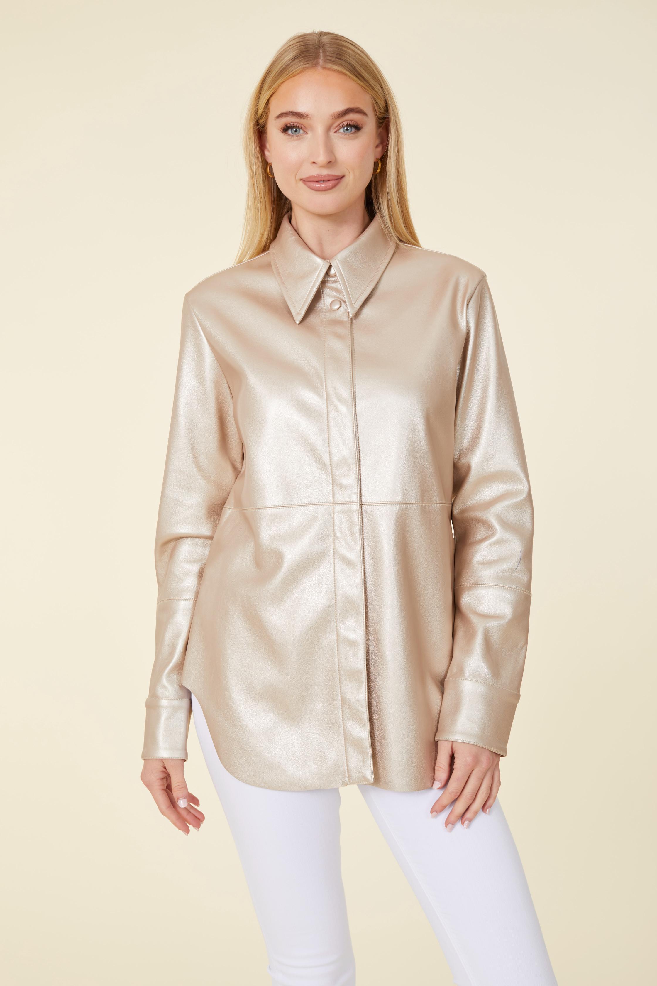 Metallic Faux Leather Button-Up Shirt Pale Gold / M