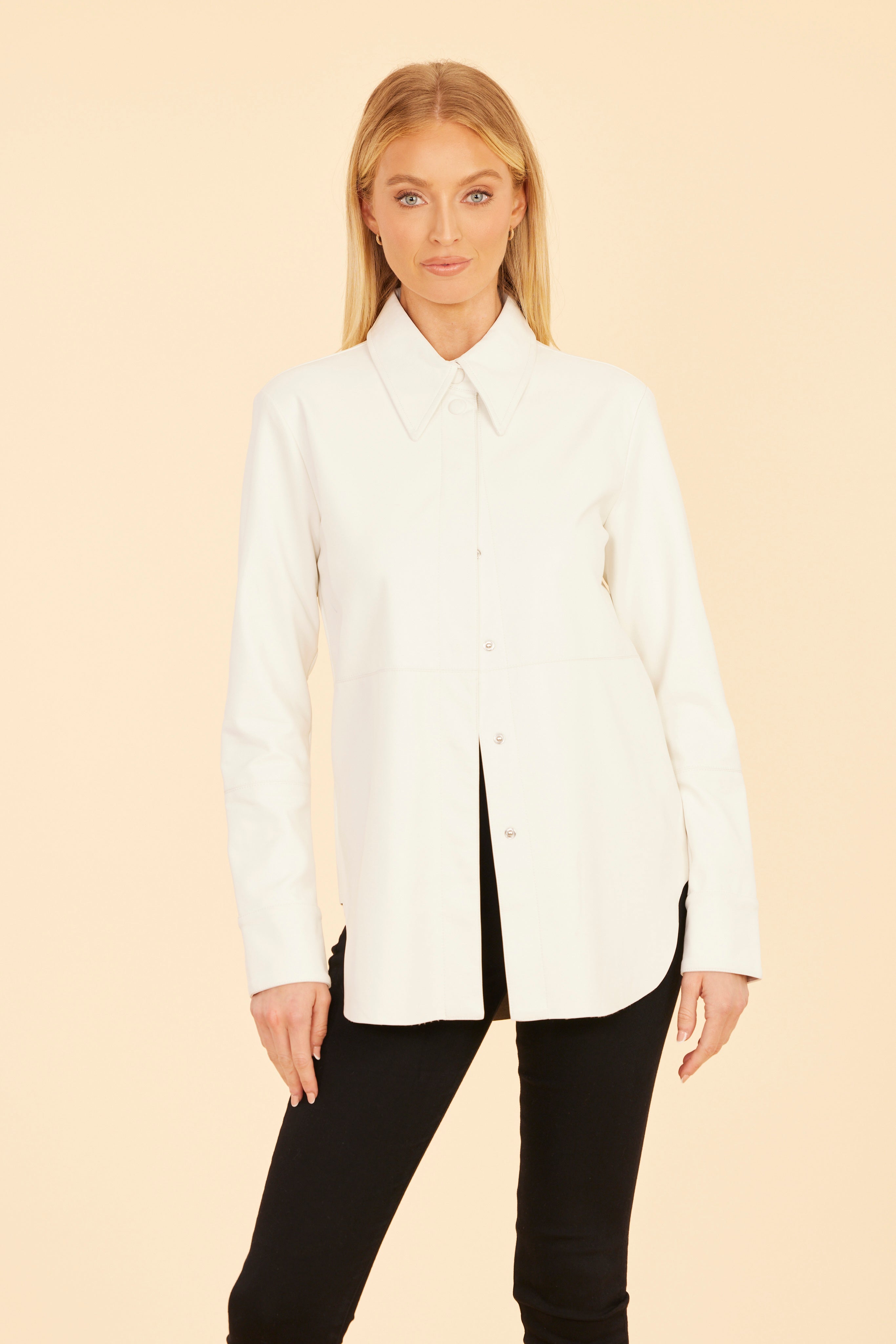 Faux Leather Button-Up Shirt White / M