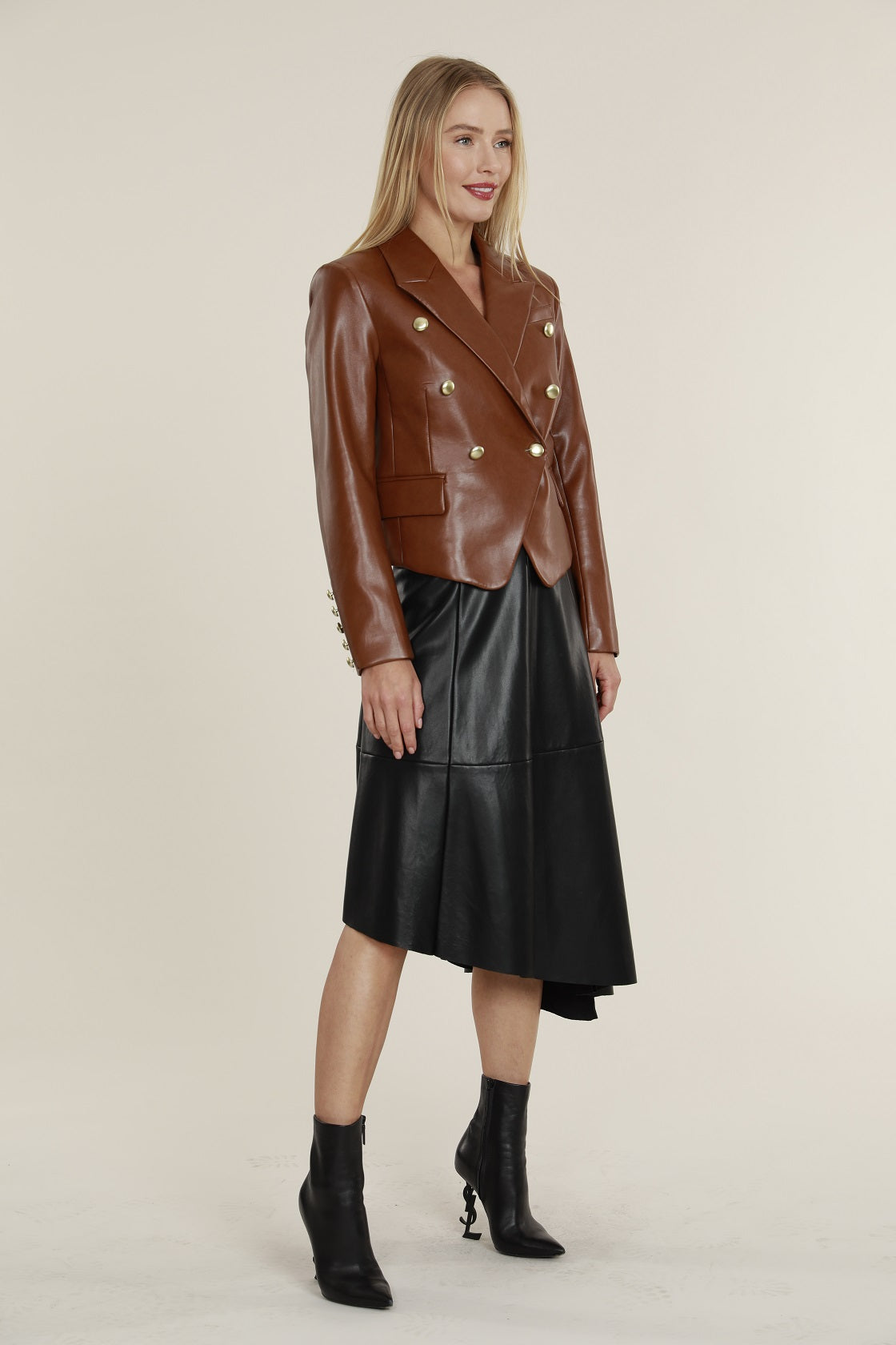 FW'23 Cropped Faux Leather Double Breasted Blazer