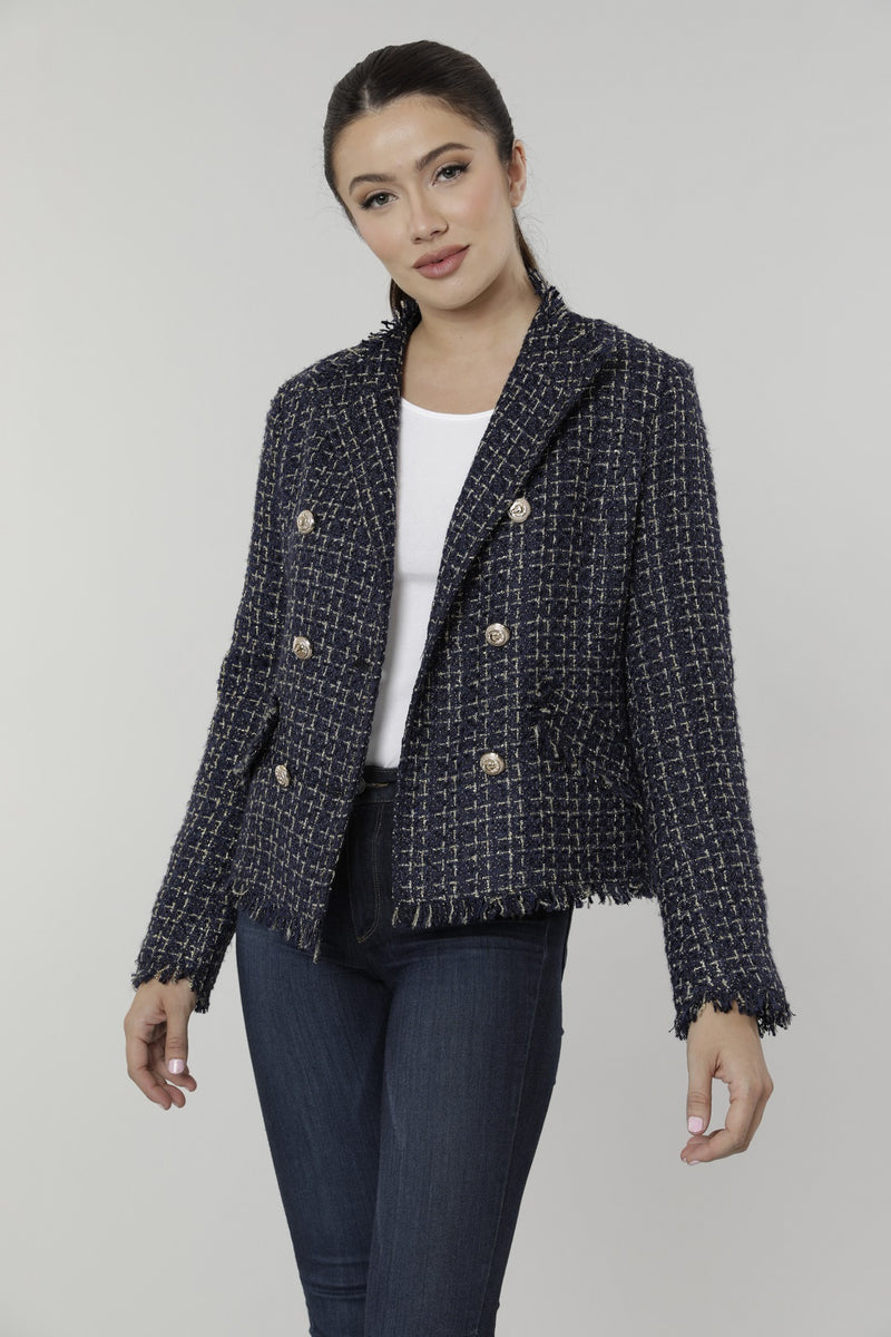 Navy Blue Tweed Blazer with Fringe – Dolce Cabo