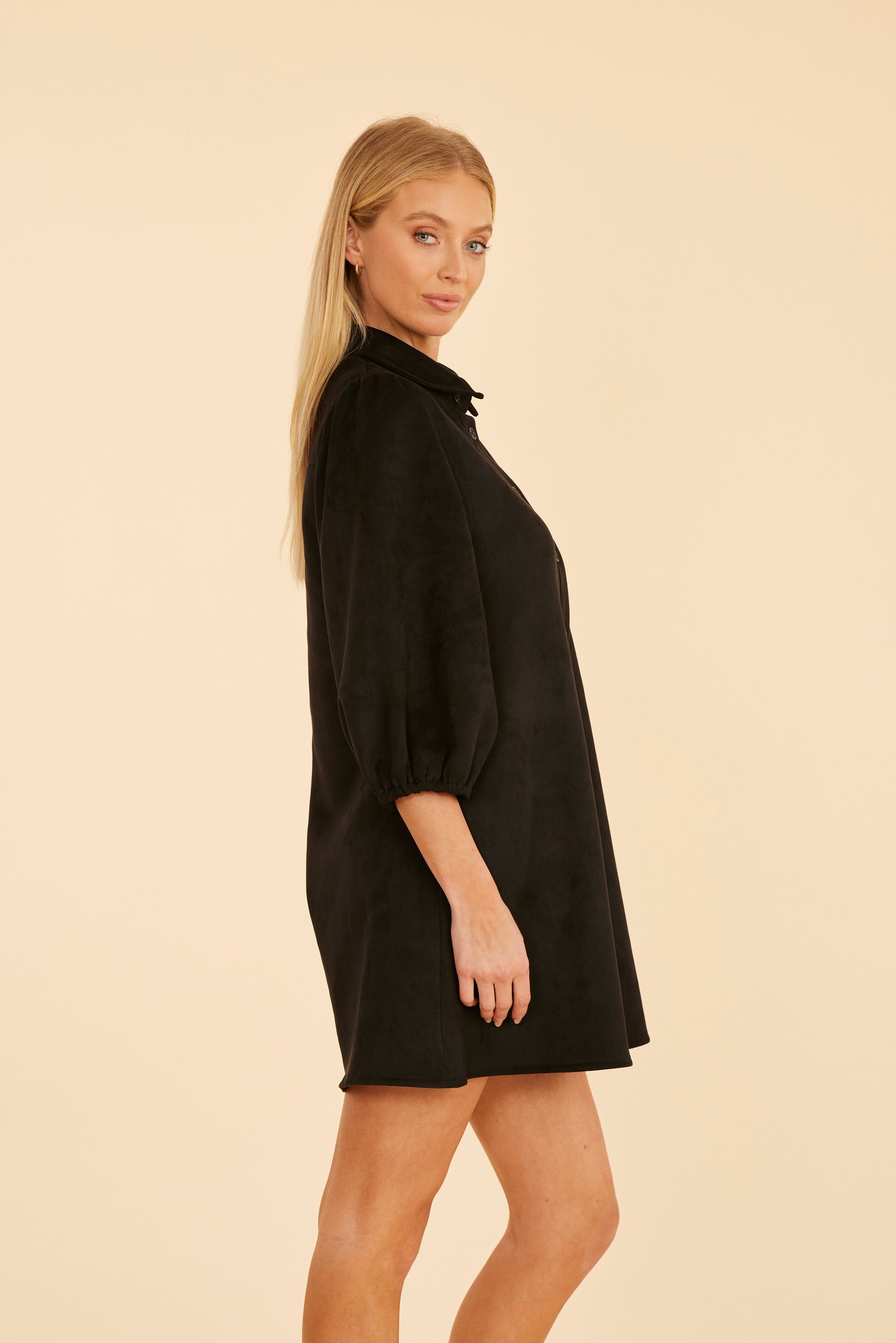 Faux Suede Puff Sleeve Shirt Dress