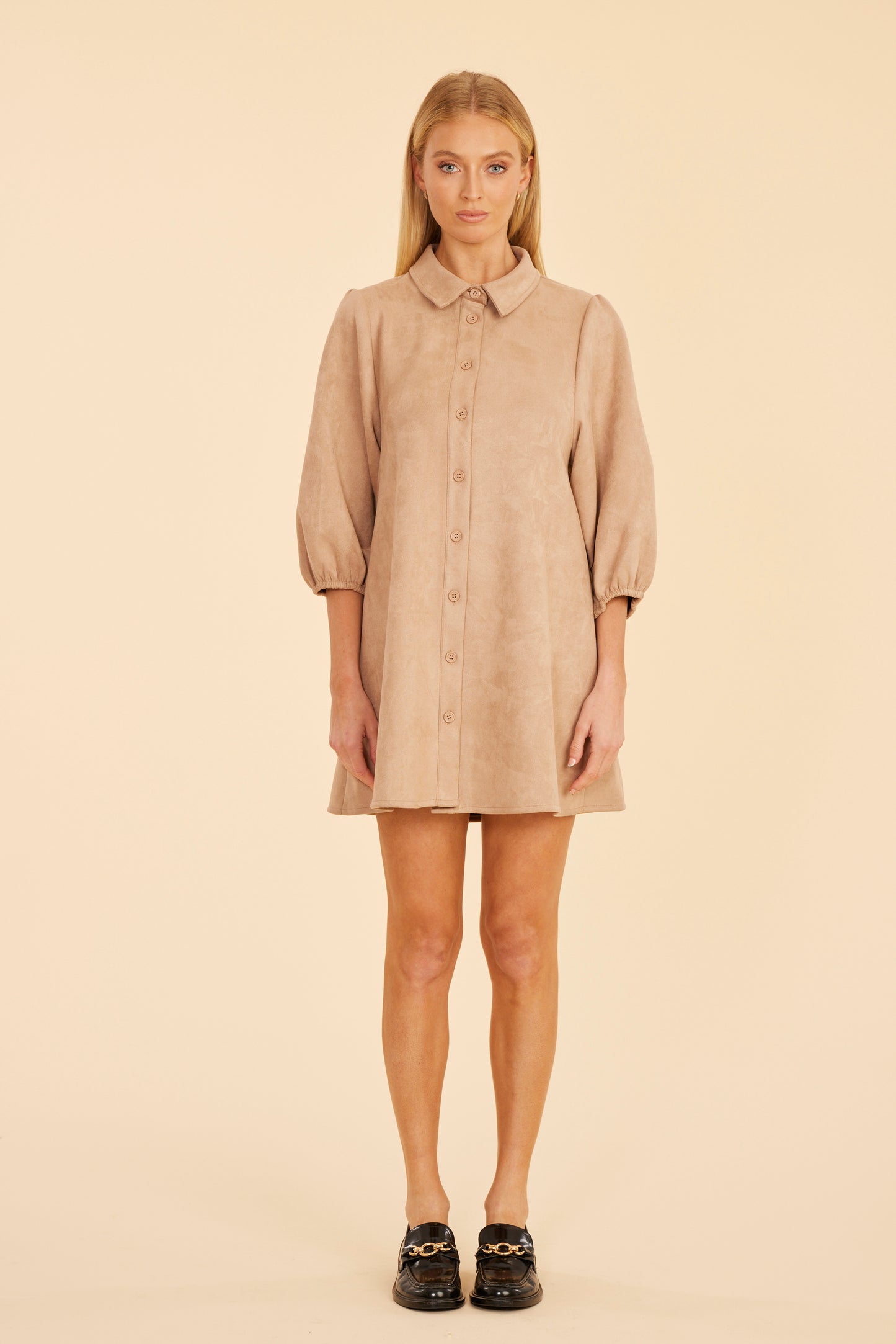 Faux Suede Puff Sleeve Shirt Dress