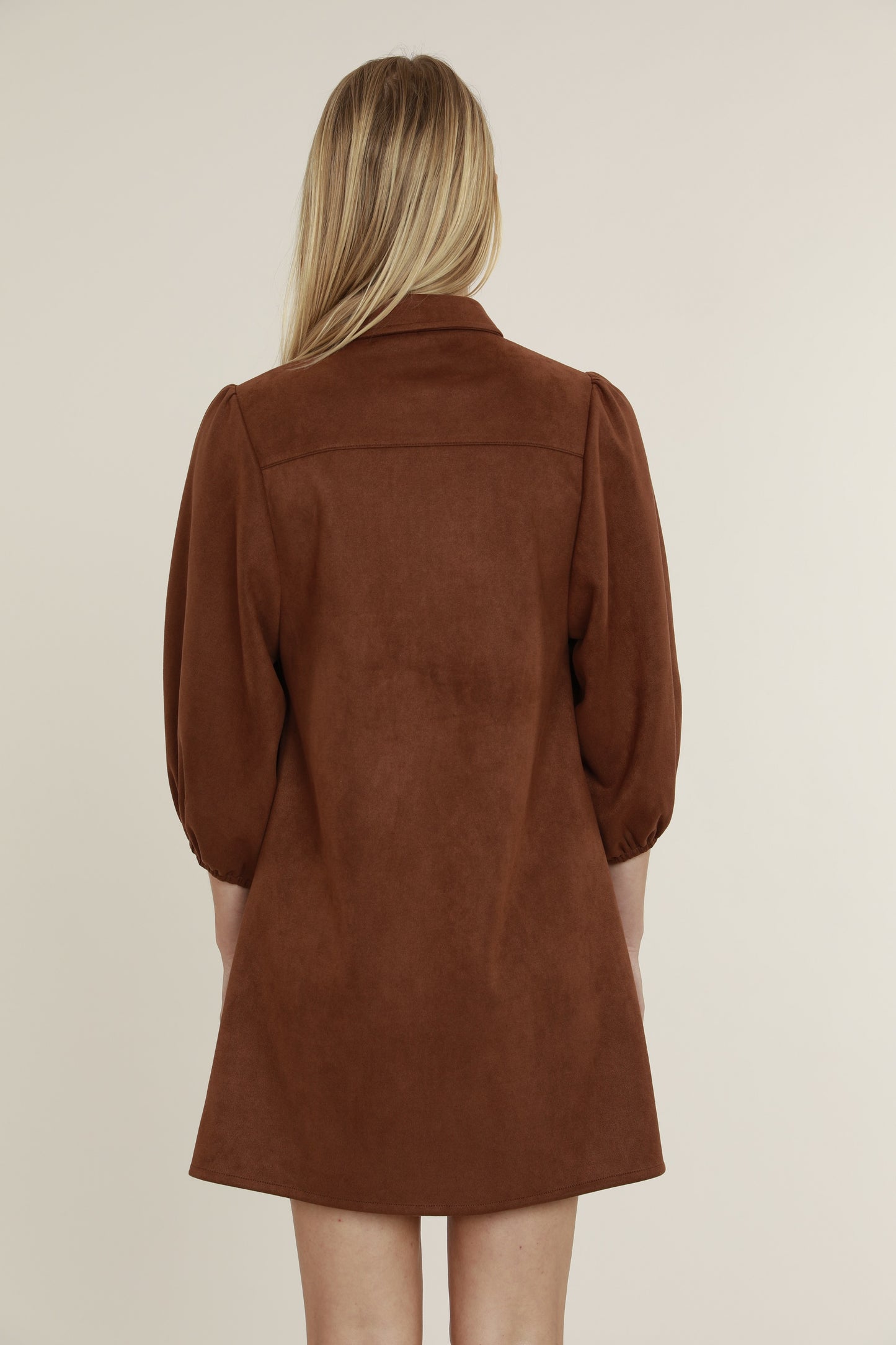 Faux Suede Puff Sleeve Shirt Dress