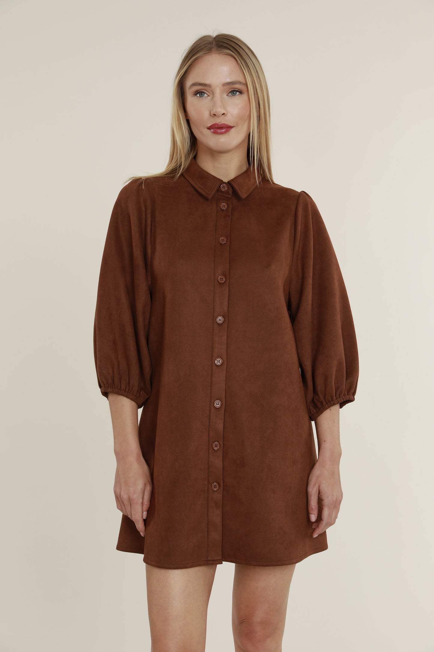 Faux Suede Puff Sleeve Shirt Dress