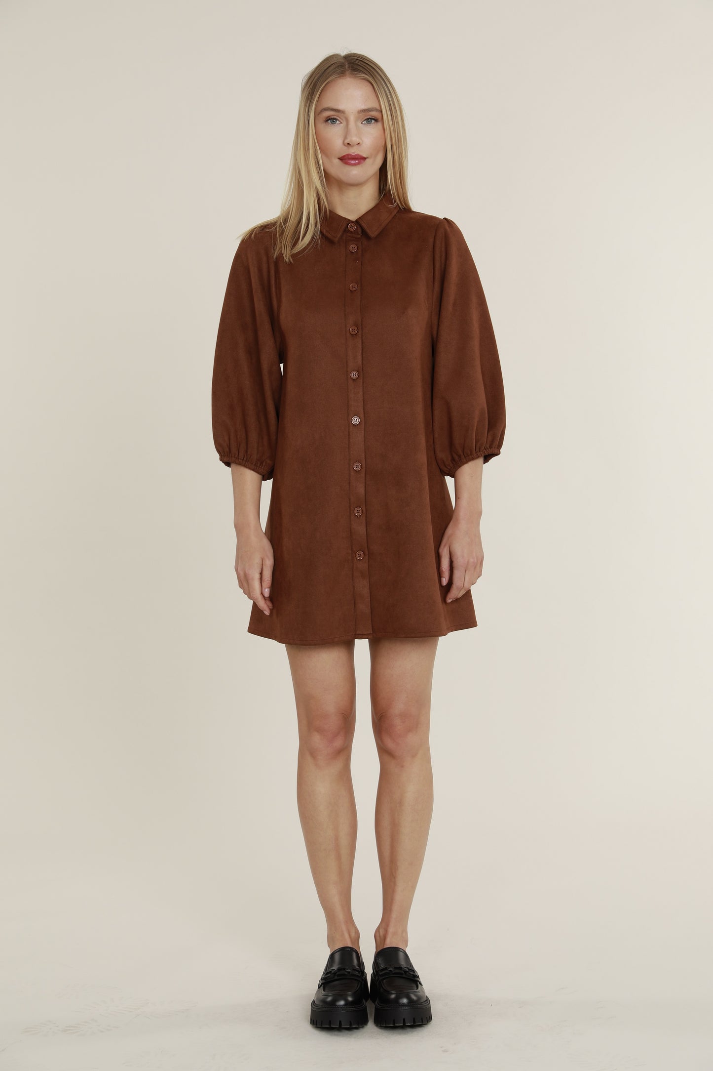 Faux Suede Puff Sleeve Shirt Dress