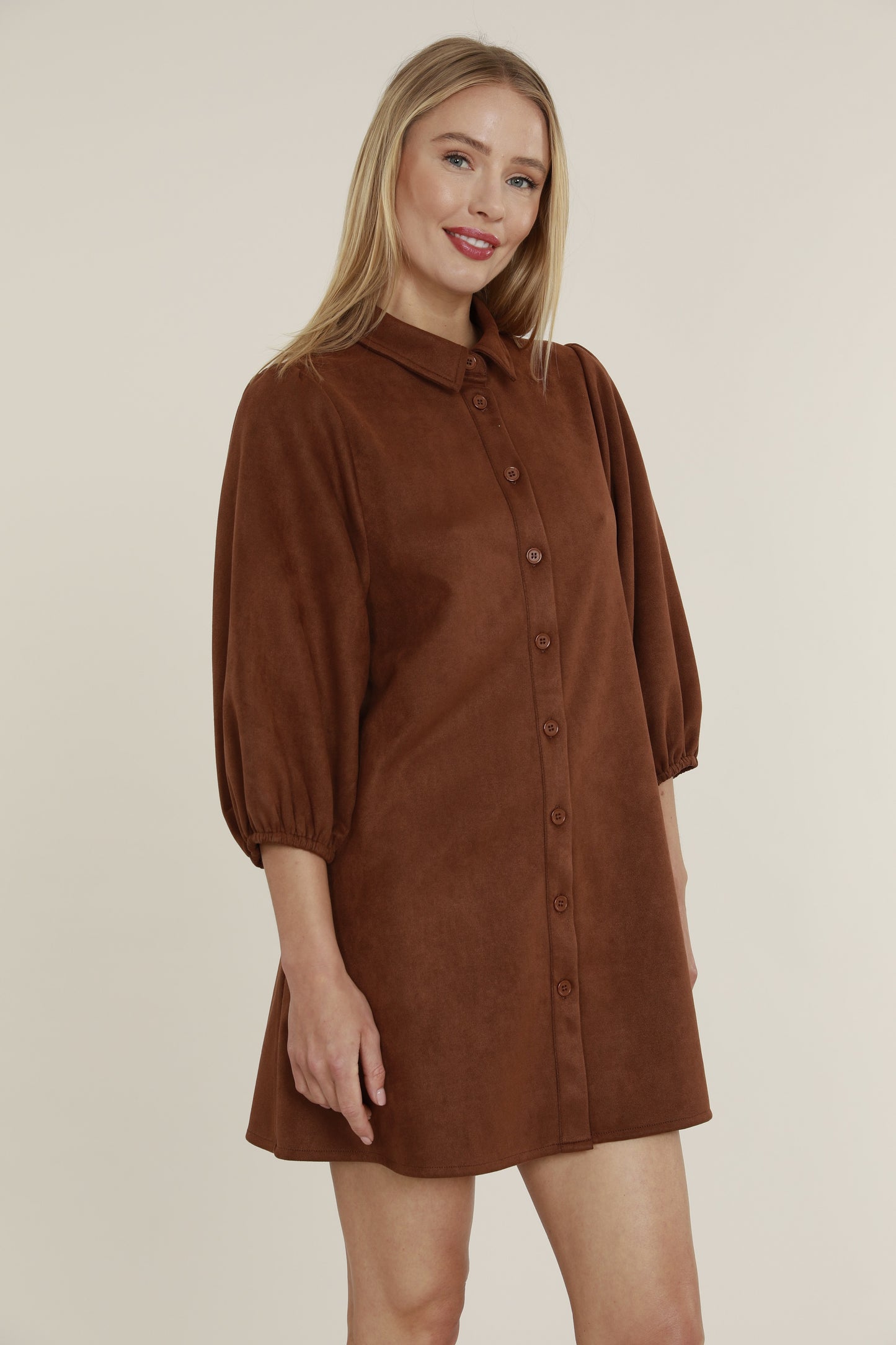 Faux Suede Puff Sleeve Shirt Dress