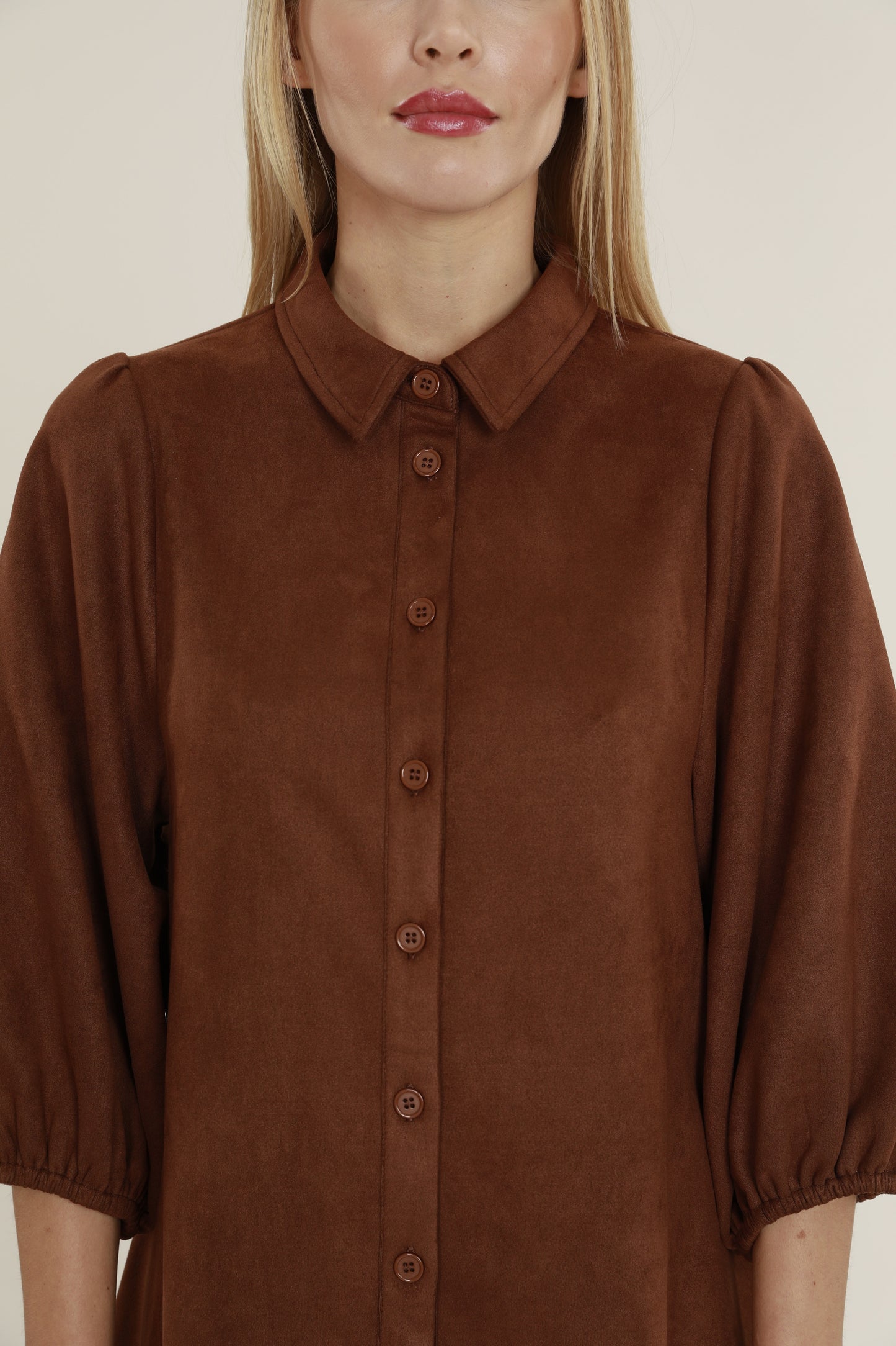 Faux Suede Puff Sleeve Shirt Dress
