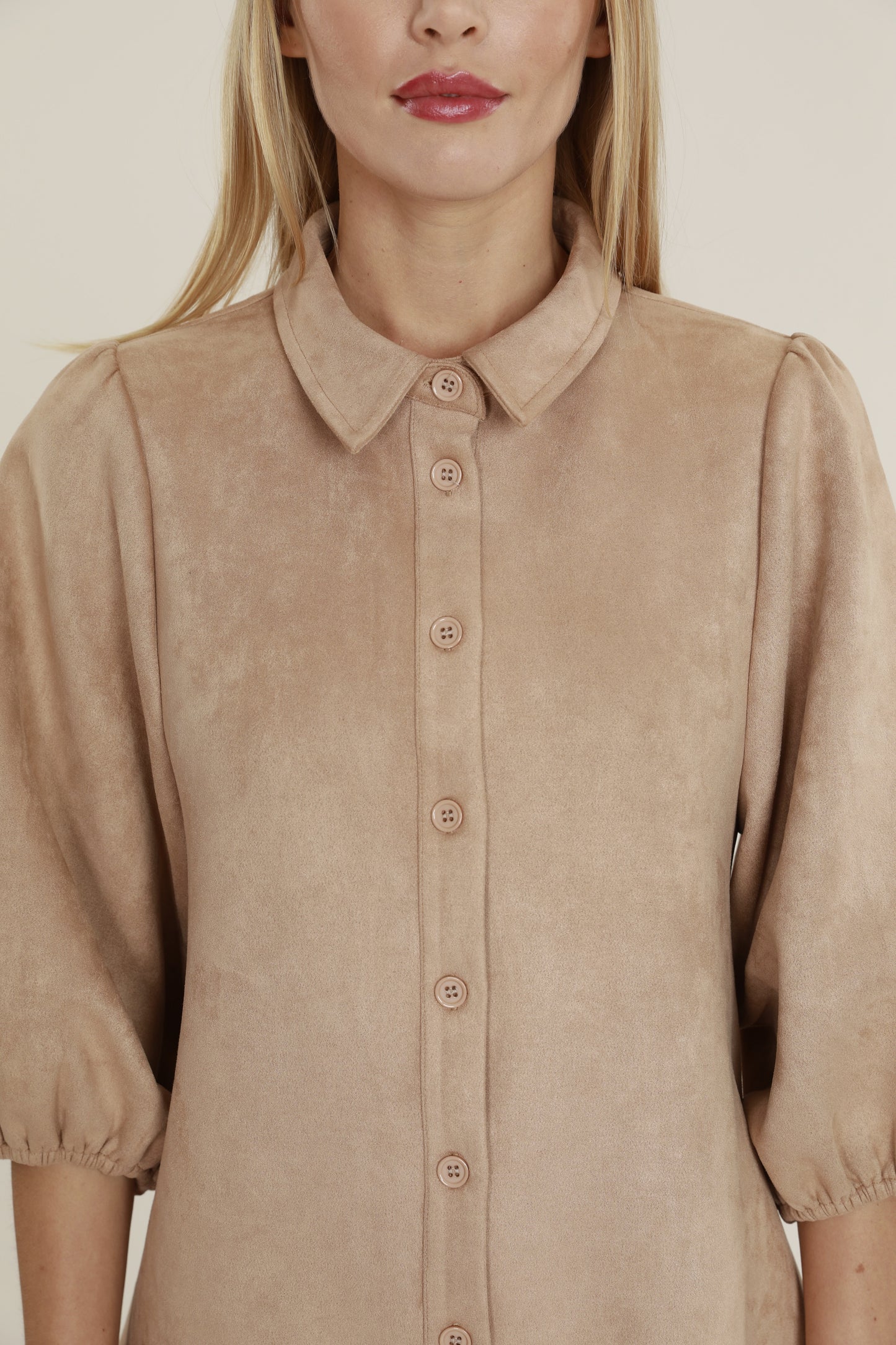 Faux Suede Puff Sleeve Shirt Dress