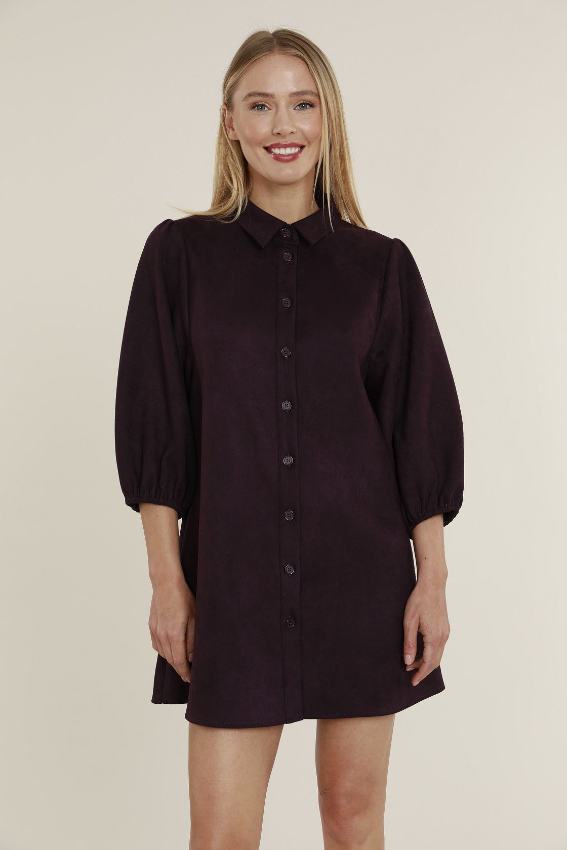 Faux Suede Puff Sleeve Shirt Dress