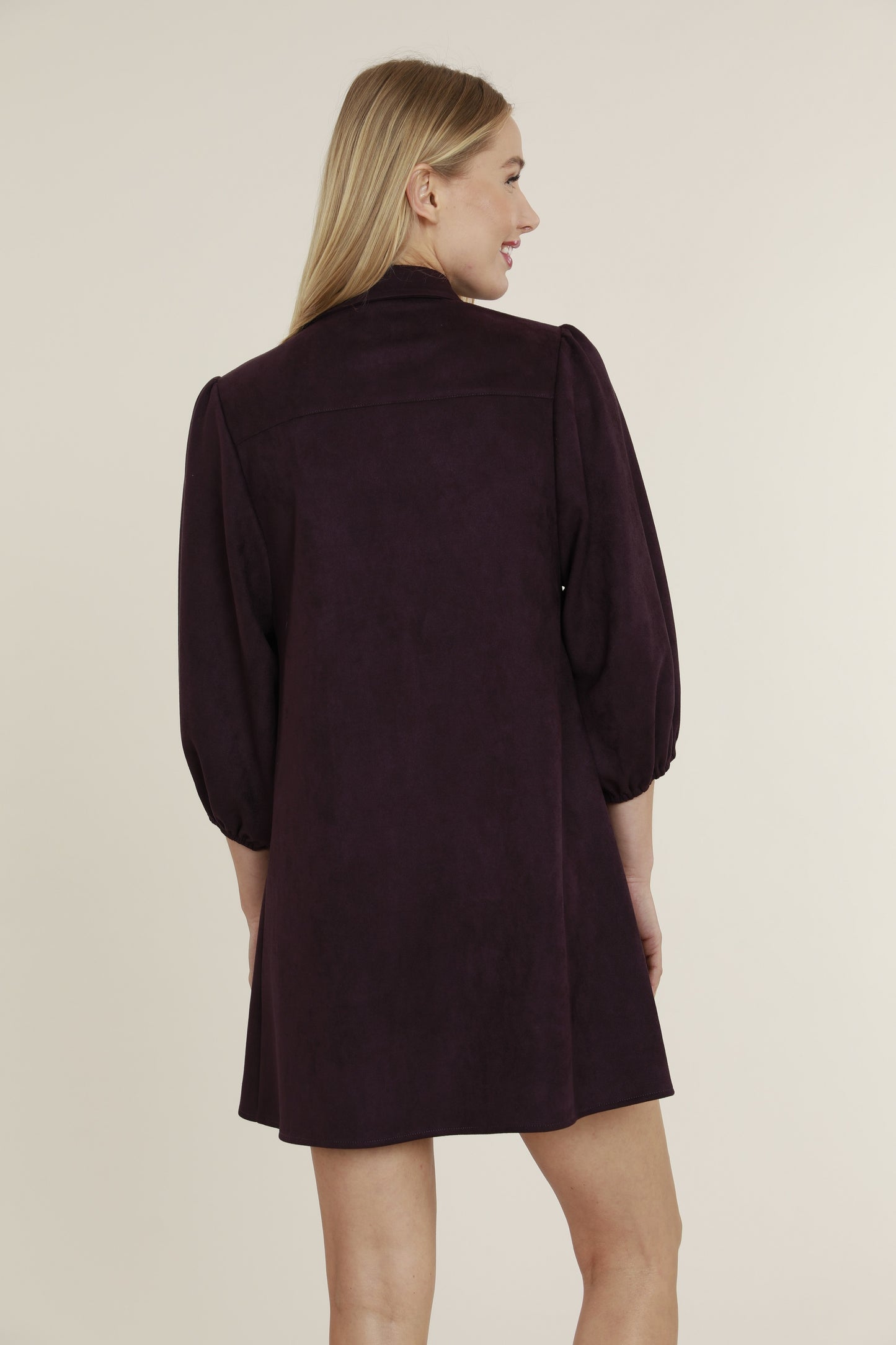 Faux Suede Puff Sleeve Shirt Dress