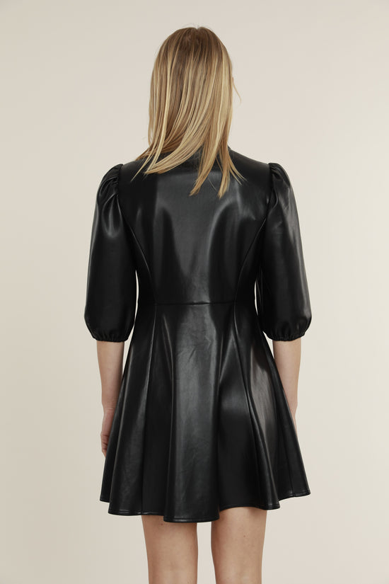 Faux Leather Skater Dress with Puff Sleeves
