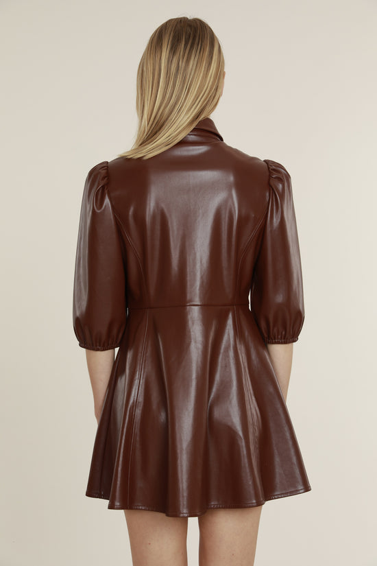 Faux Leather Skater Dress with Puff Sleeves