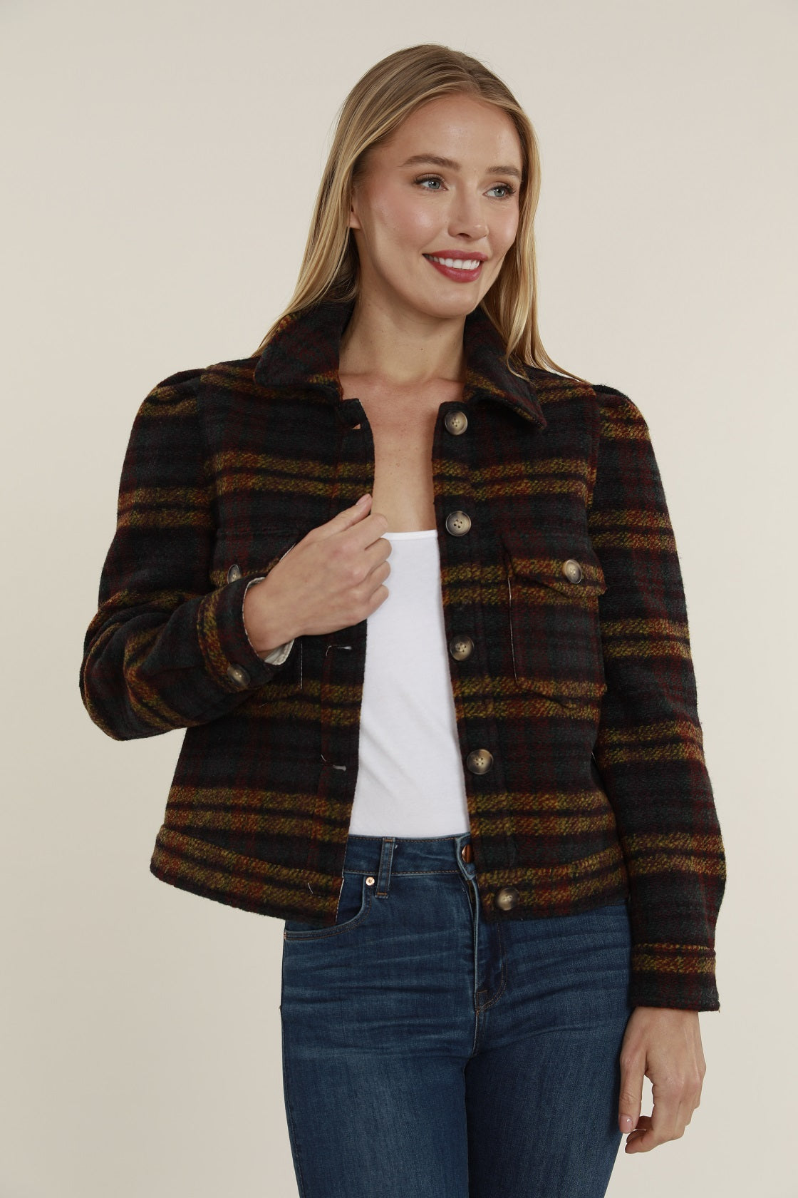Cropped Plaid Shacket with Puff Shoulders