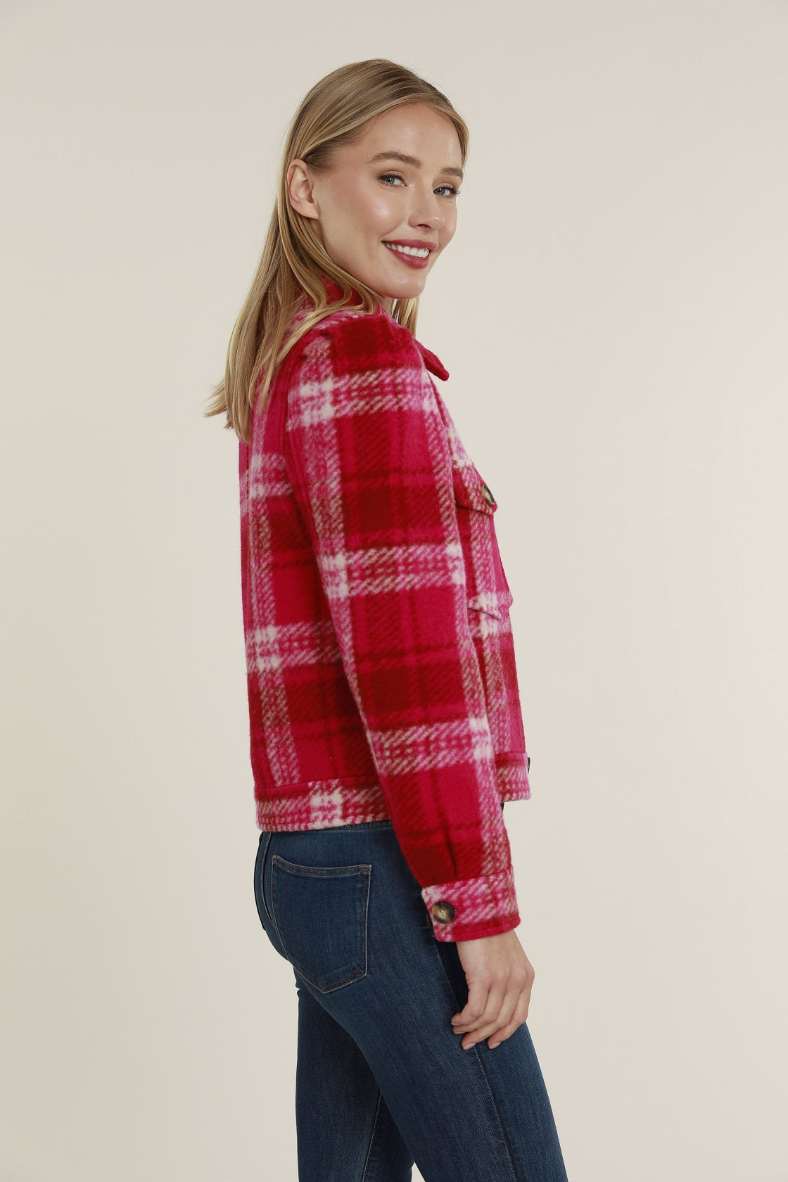 Cropped Plaid Shacket with Puff Shoulders