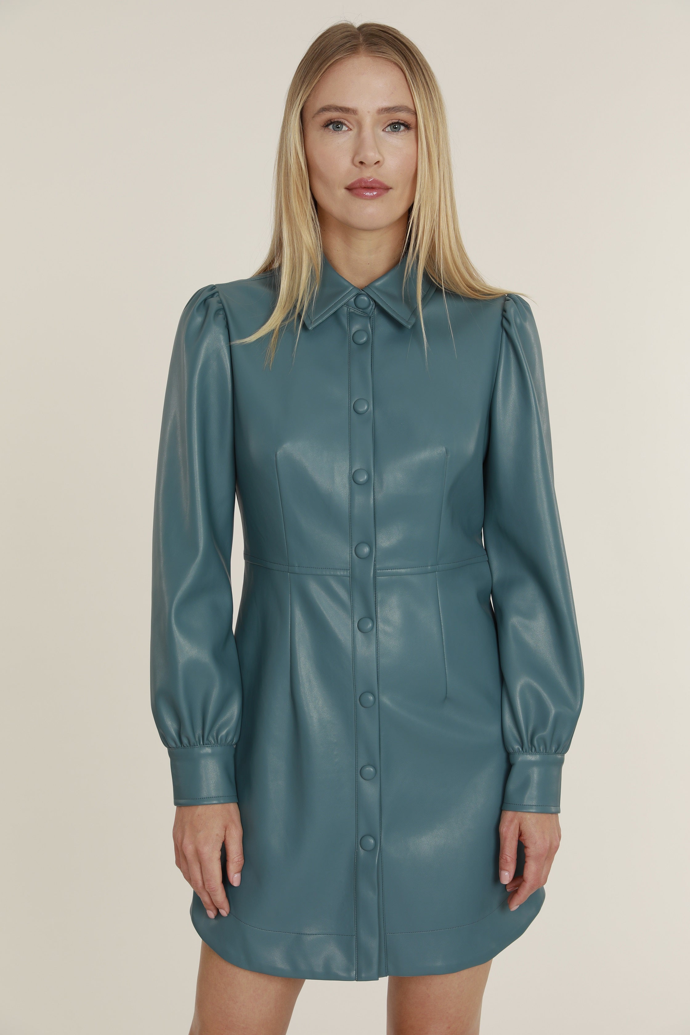 green emerald velvet dress Faux Leather Shirt Dress Aqua / M