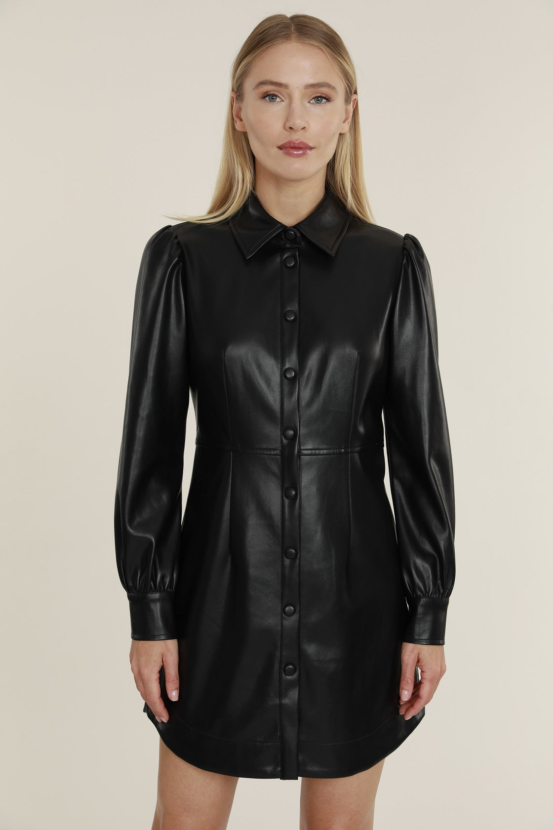 faux leather shirt dress MIDI Turn heads in the Jennifer Faux Leather Dresswhere sleek meets chic Vegan Leather Leather Button Up