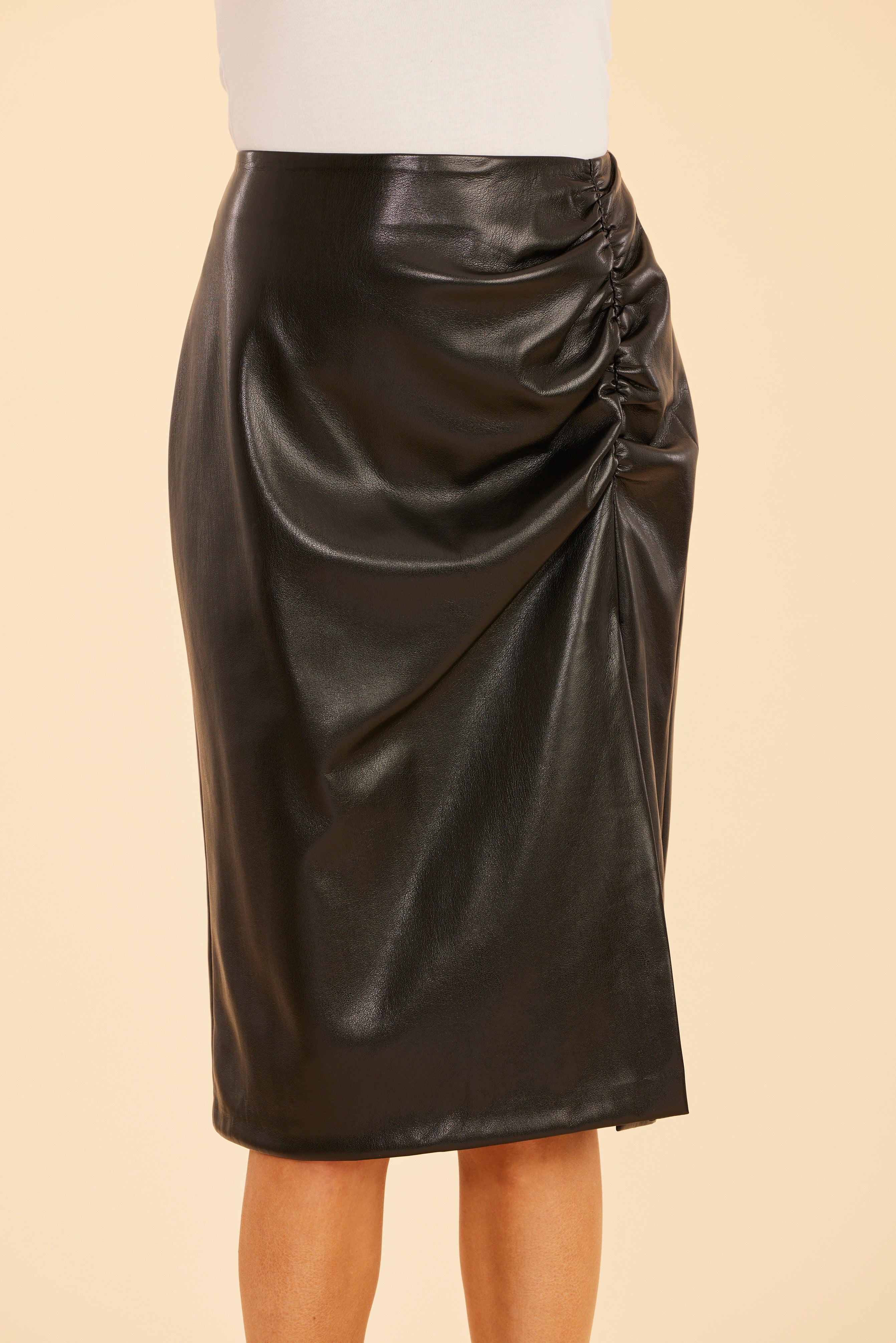 Faux Leather Ruched Side Slit Skirt – Dolce Cabo