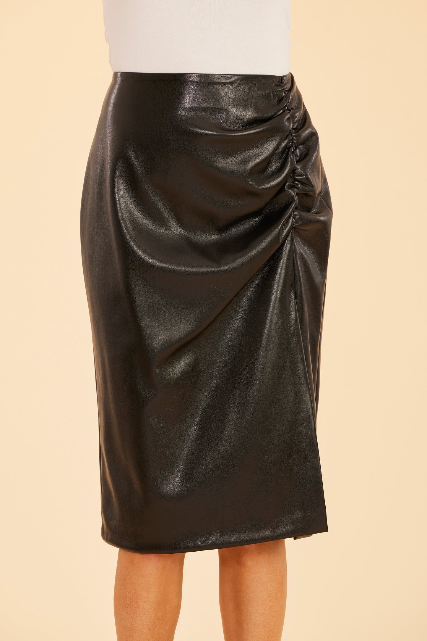 Faux Leather Ruched Side Slit Skirt