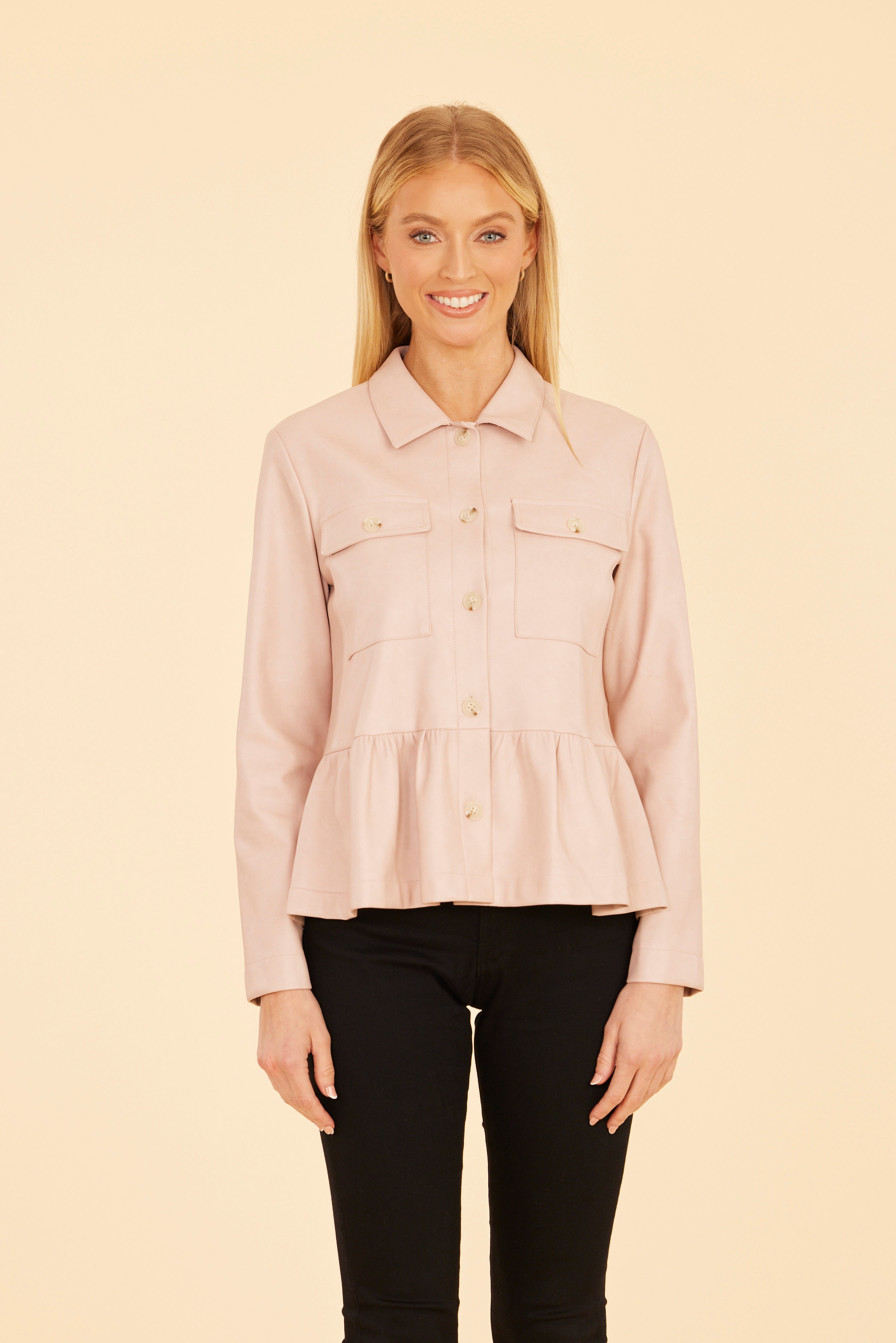 strapless open back dress Faux Leather Peplum Shirt Jacket Pink / M