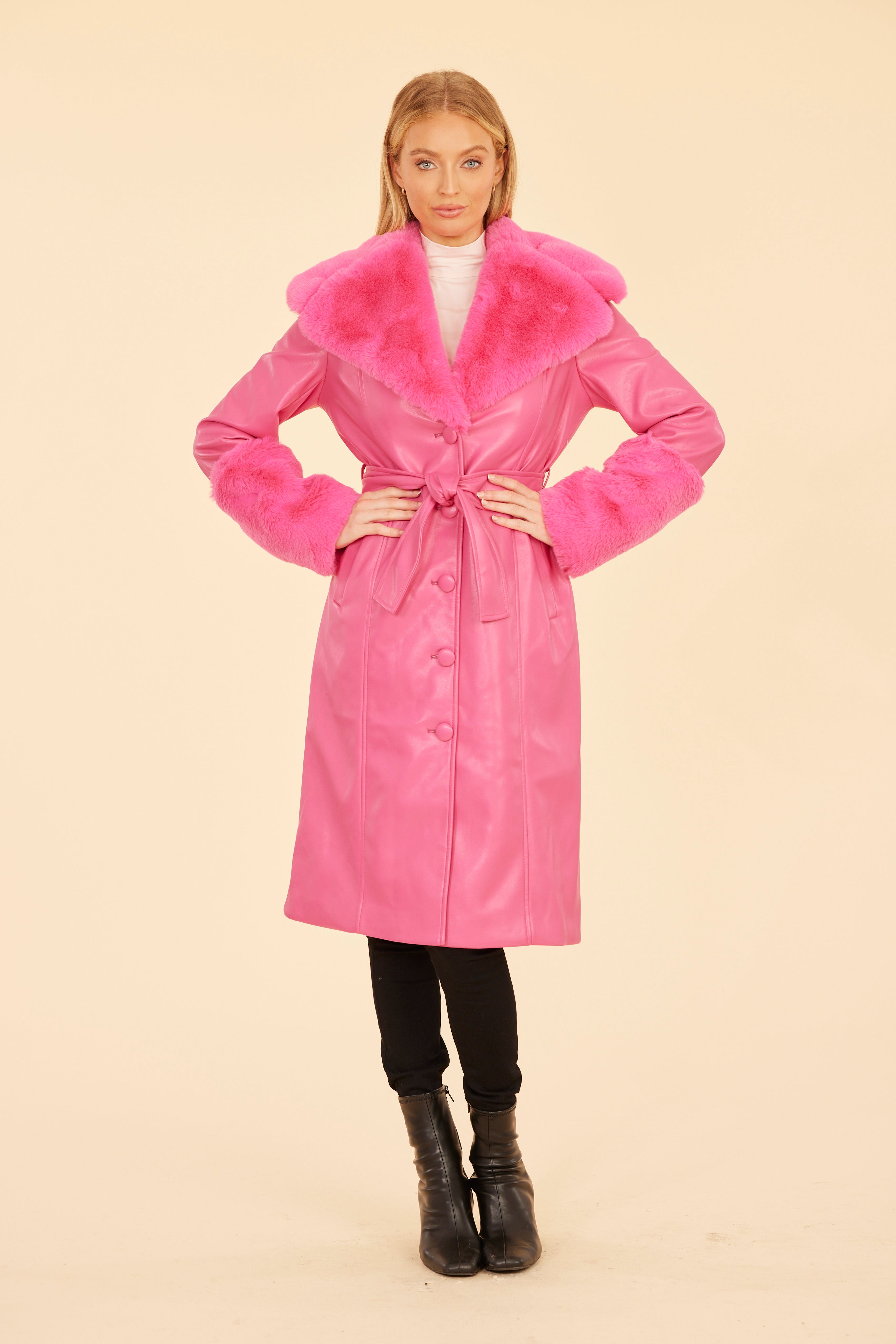 Faux Leather Trench Coat with Faux Fur Trim – Dolce Cabo