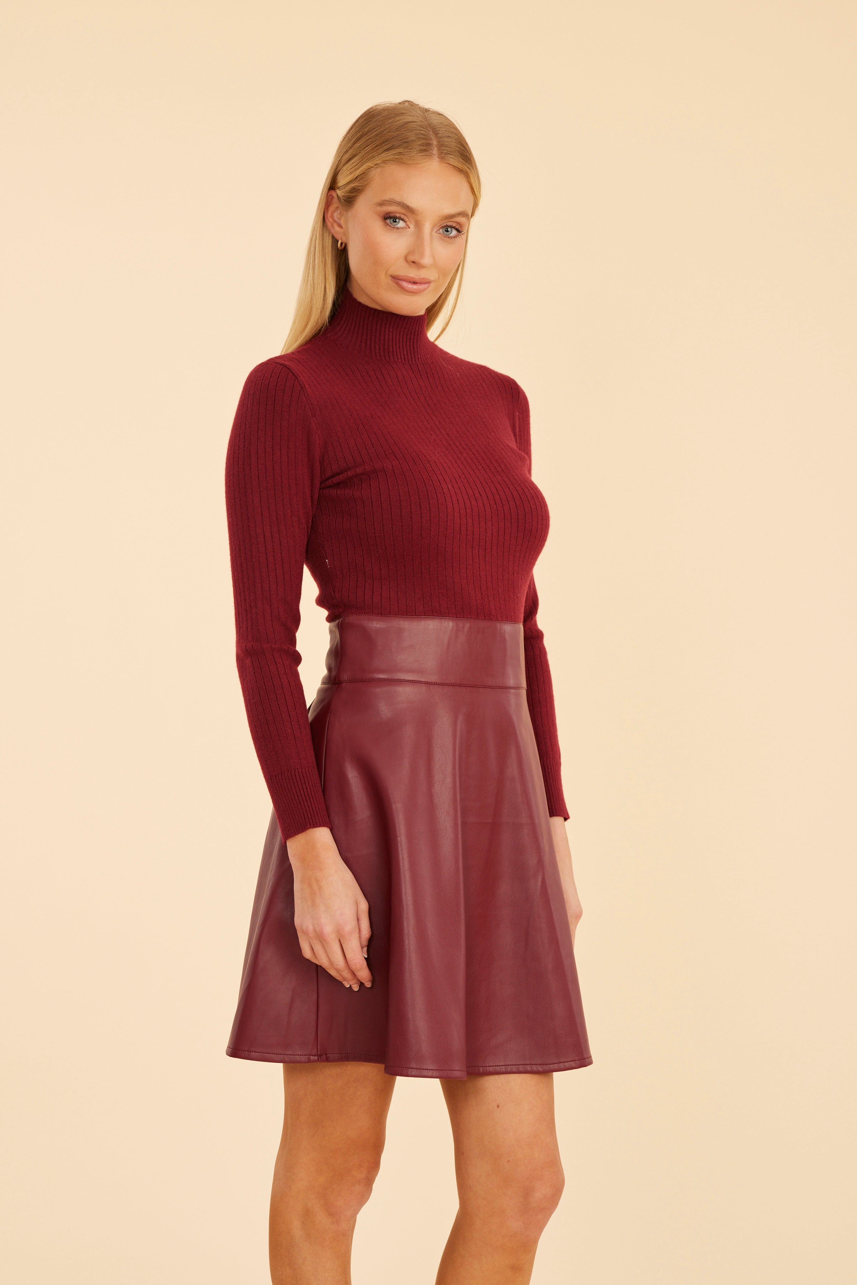 Faux Leather & Knit Turtleneck Dress Burgundy / L Faux Leather & Knit Turtleneck Dress Burgundy / L