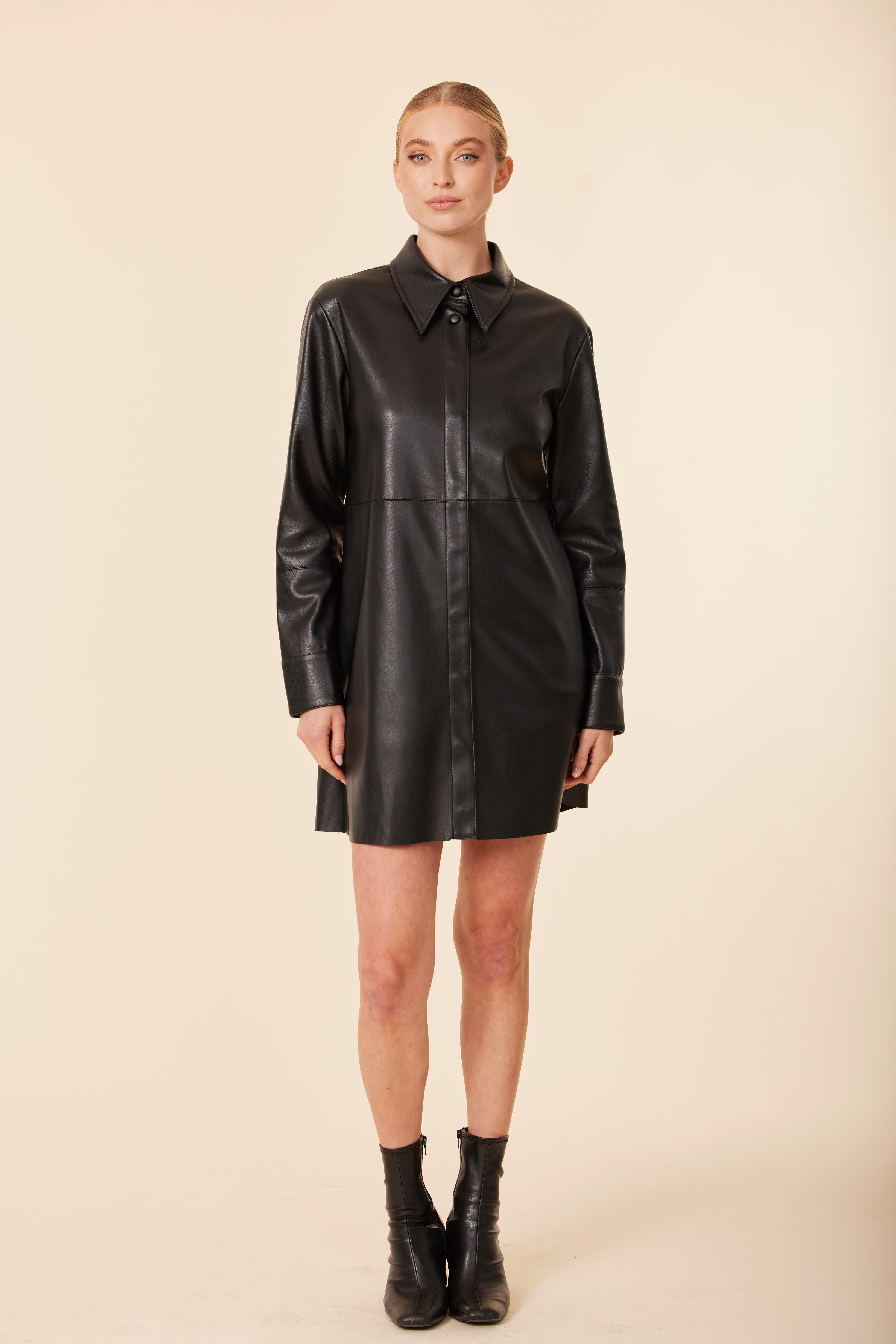 Faux Leather Shirt Dress Black / XS Faux Leather Shirt Dress Black / XS