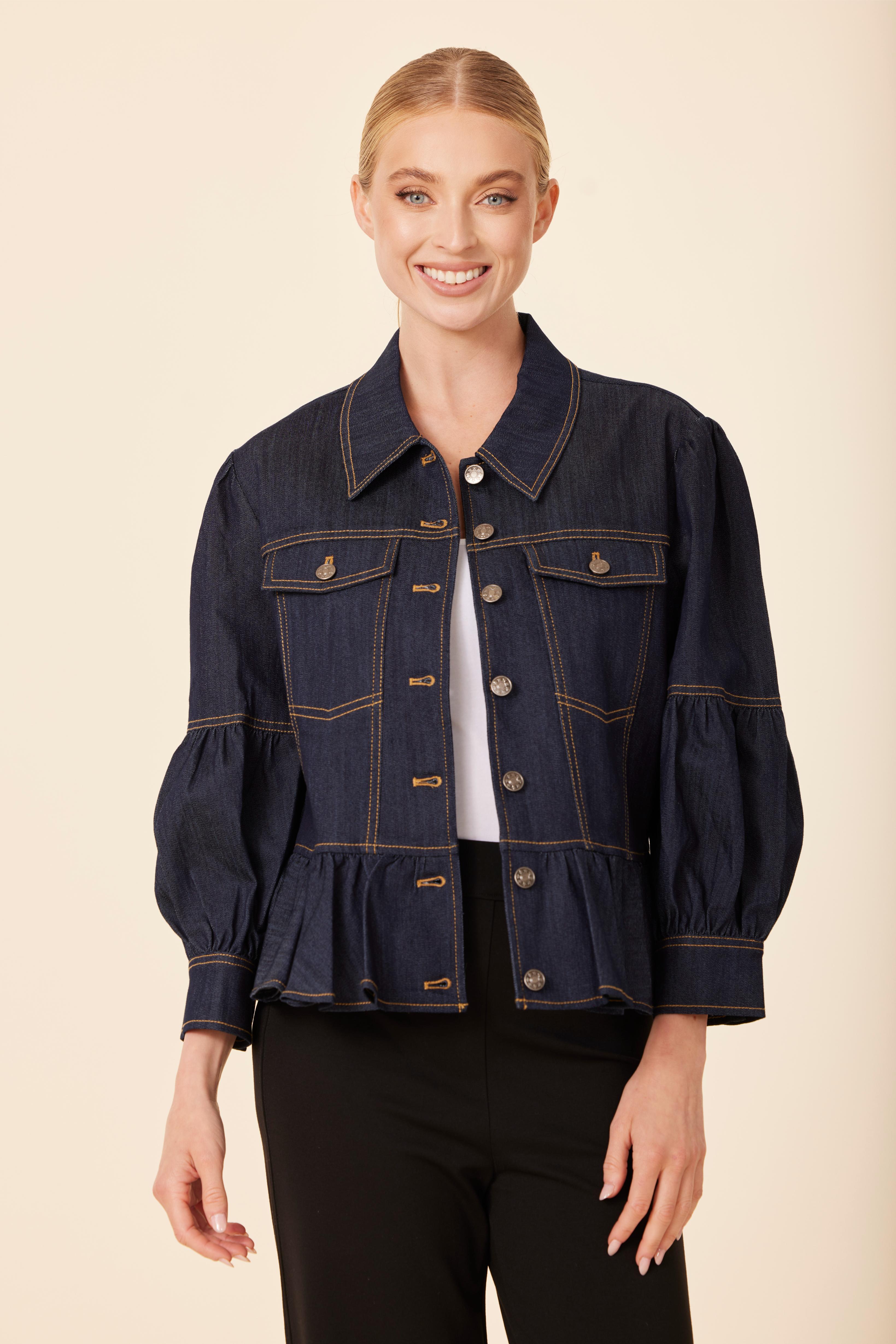 navy blue dress with jean jacket Peplum Denim Jacket Denim / XL