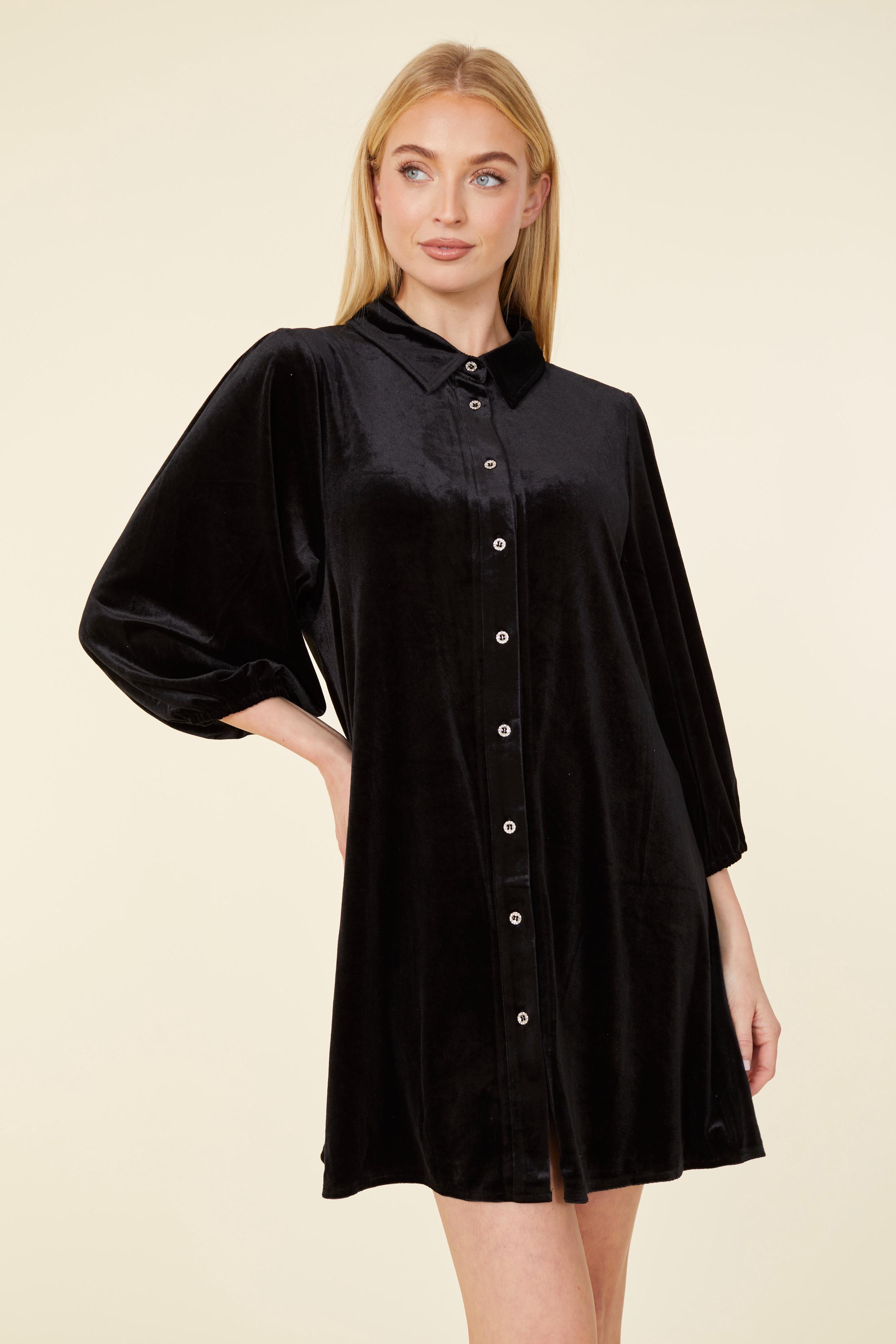 Rhinestone Velvet Puff Sleeve Dress Black / S Rhinestone Velvet Puff Sleeve Dress Black / S