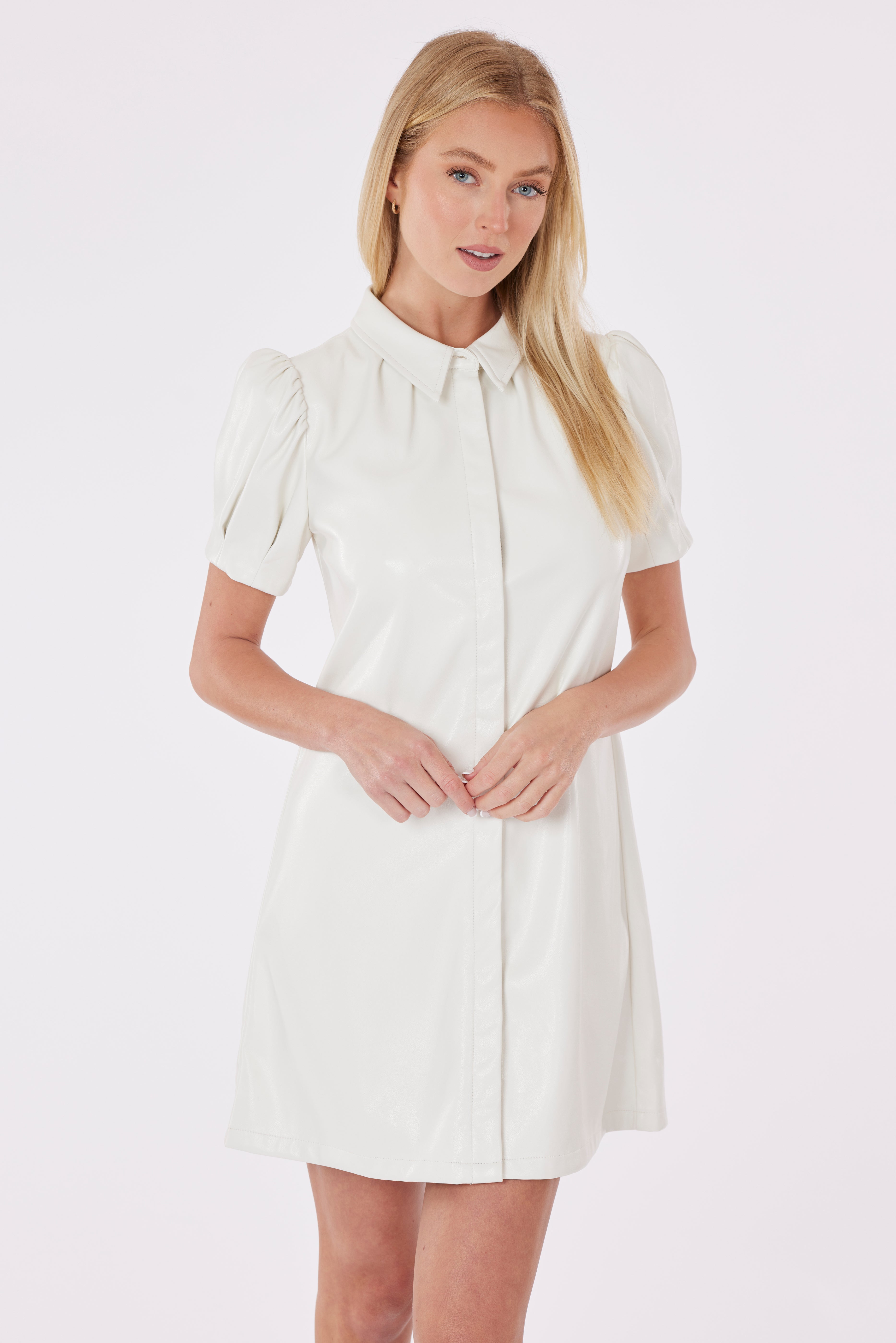 Faux Leather Mini Dress with Puff Sleeves White / Xs