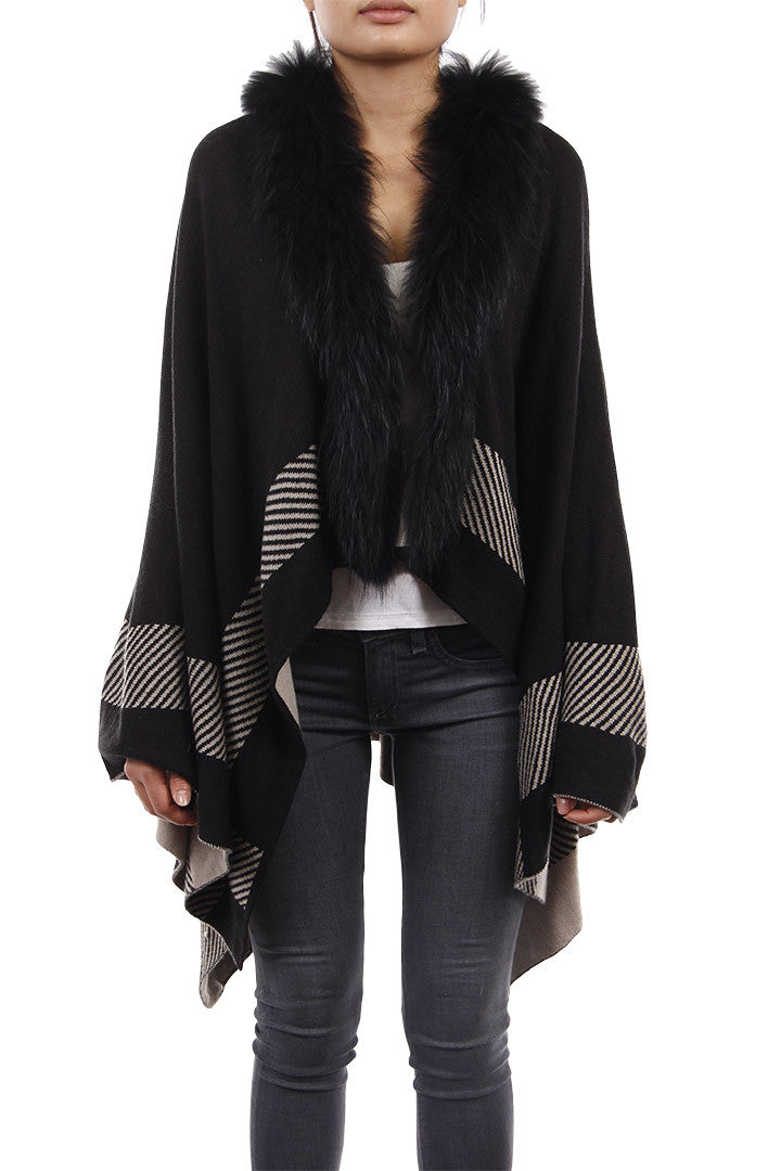 Fur Trim Poncho Black/Grey, Rabbit Fur, Knit Wrap, Dolce Cabo