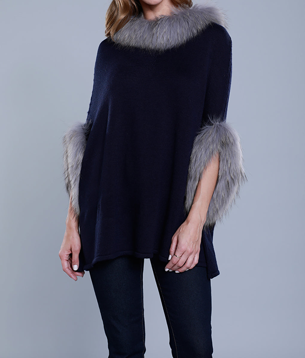 Knitted Poncho with Fur Trim