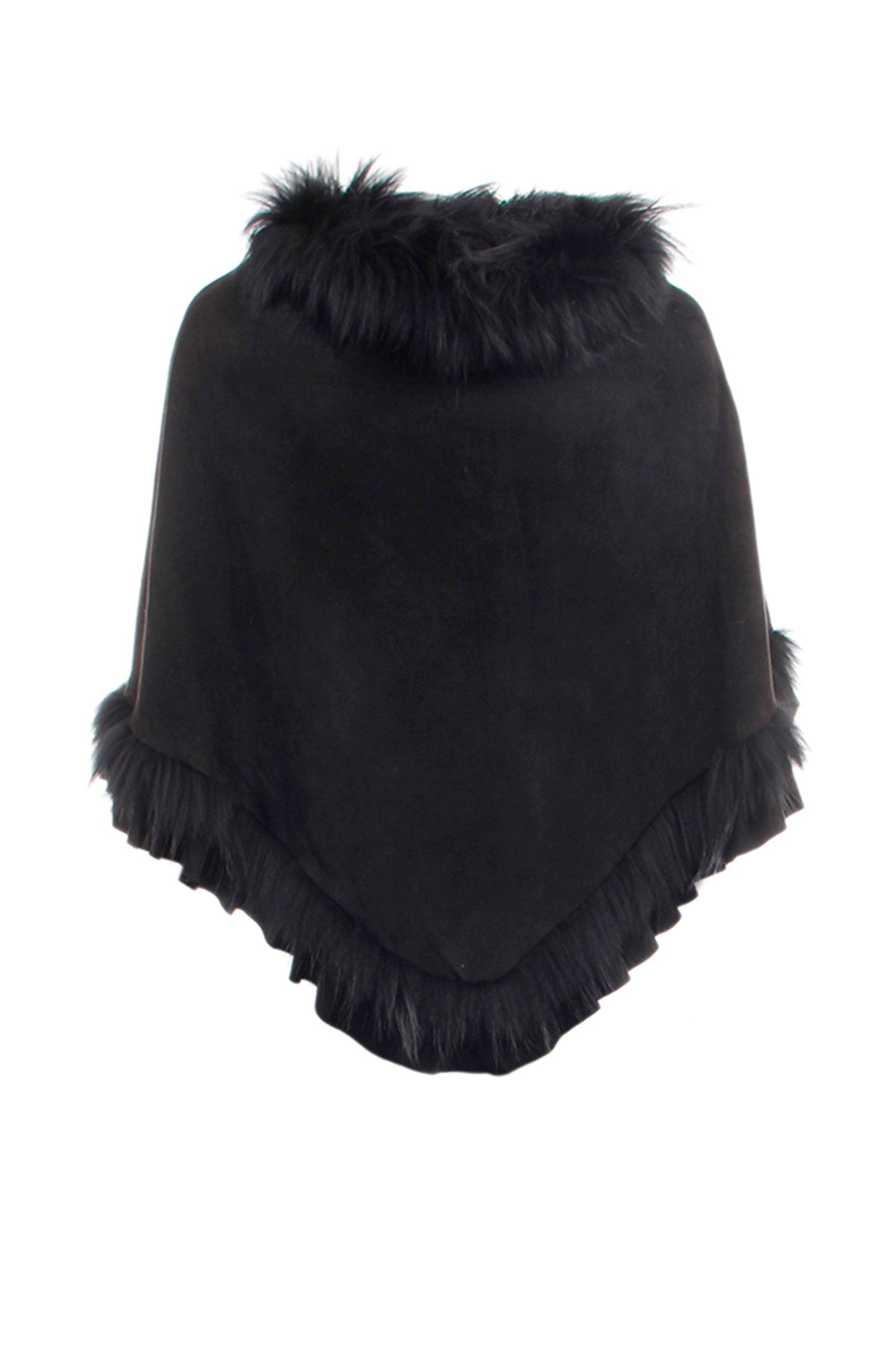 Faux Suede Poncho with Raccoon Fur Trim