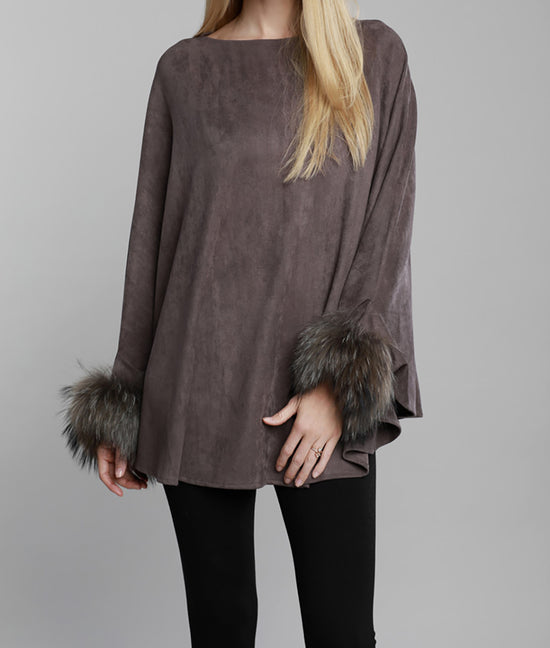 Faux Suede Poncho with Raccoon Fur Cuffs