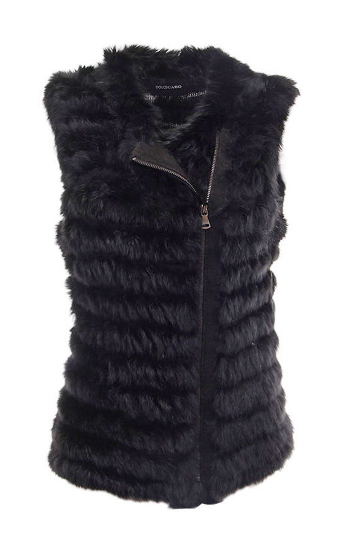 Moto Zip Rabbit Fur Vest, Black, Dolce Cabo