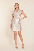 Faux Leather Flutter Sleeve Metallic Dress