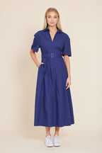 Poplin Belted Collar Midi Dress