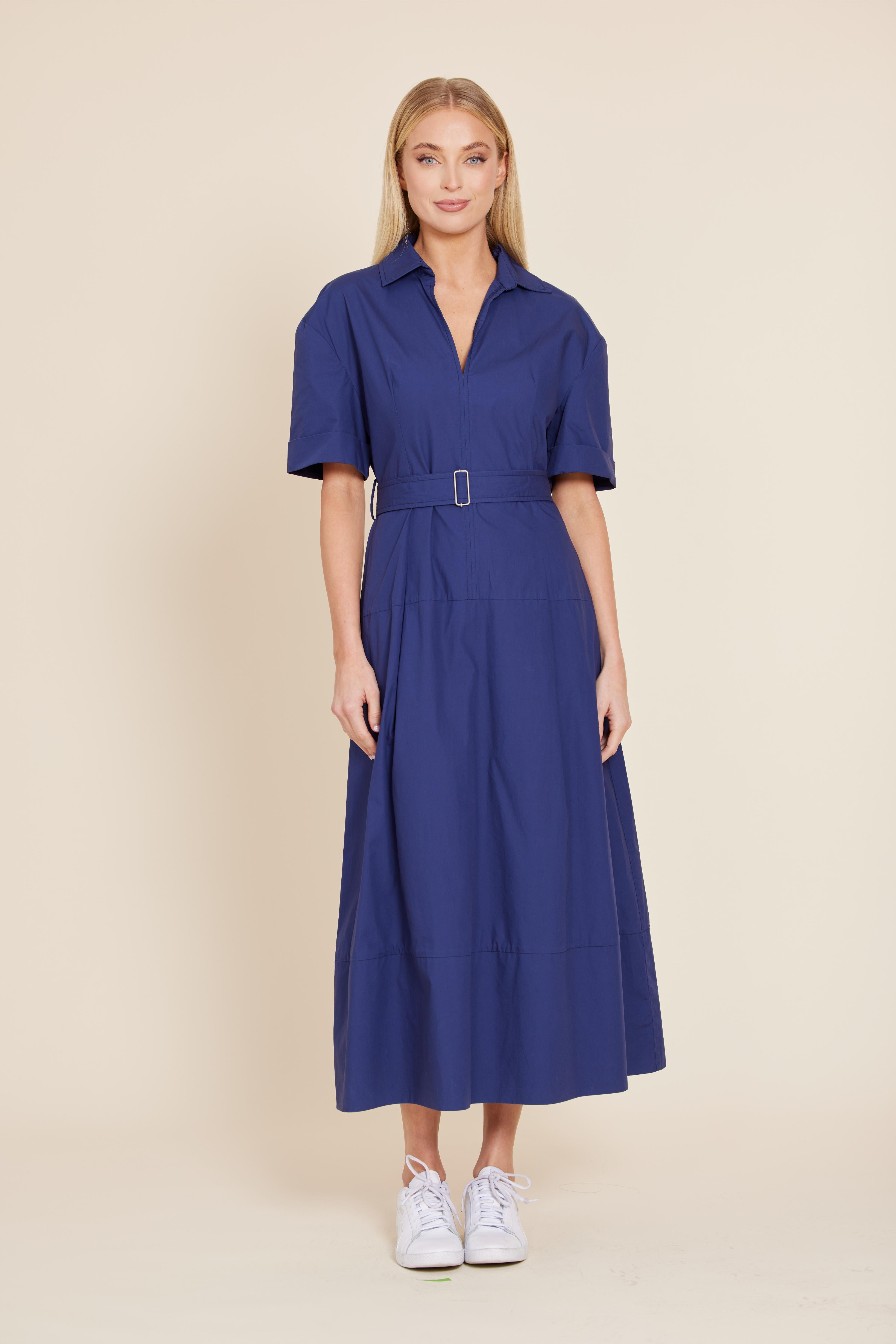 collar neck midi dress Poplin Belted Collar Midi Dress Navy / XL