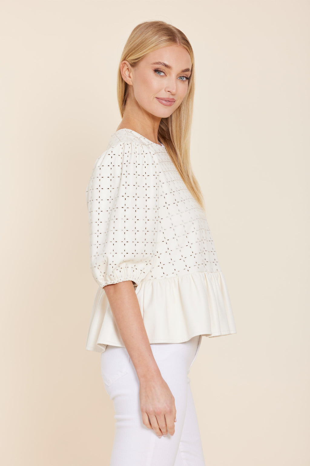Faux Leather Peplum Eyelet Top