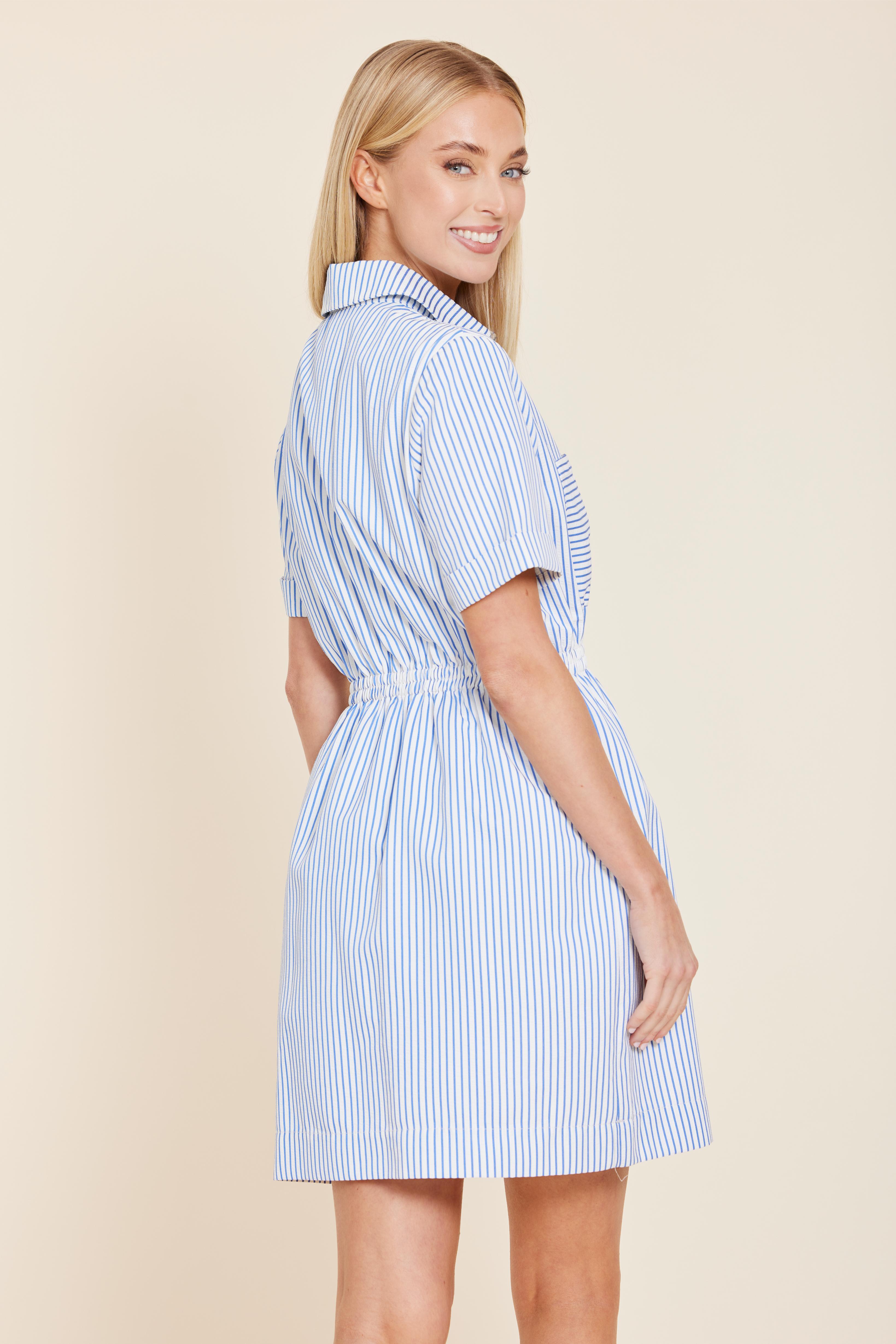 seersucker dress women's Seersucker Elastic Waist Dress Blue/White / S