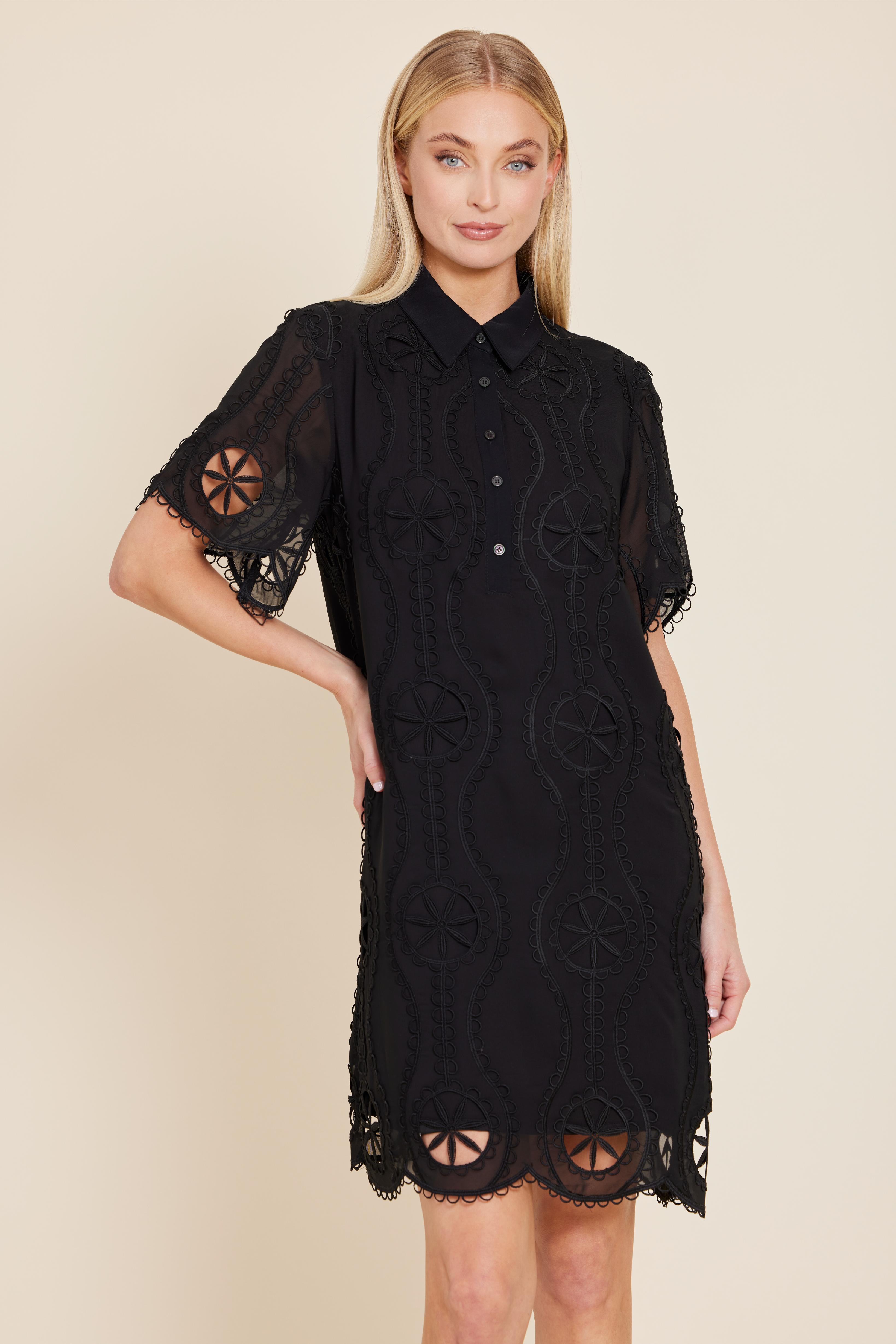 Crepe Embroidered Sheer Shirt Dress