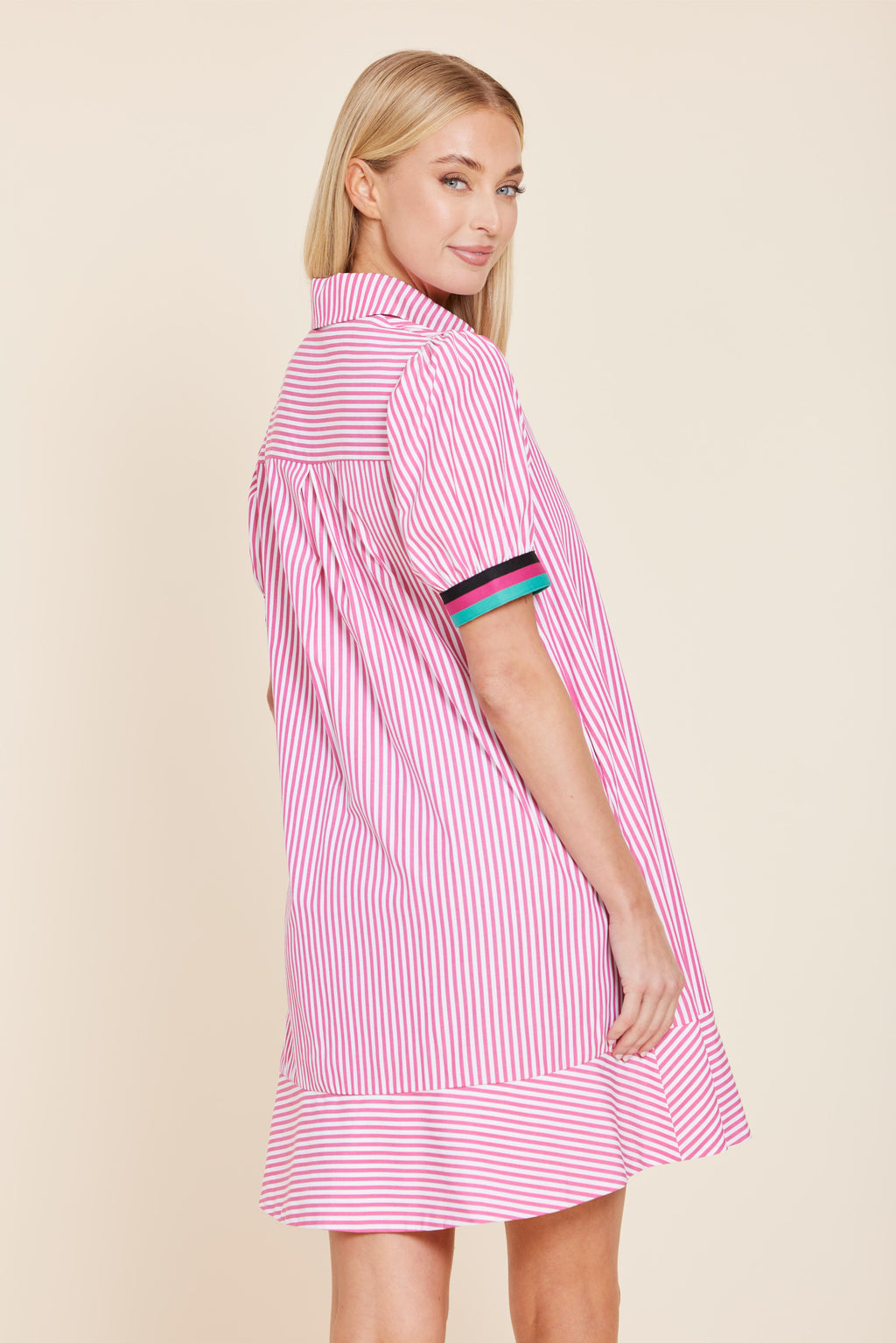 Poplin Shirt Dress with Knit Stripe Trim