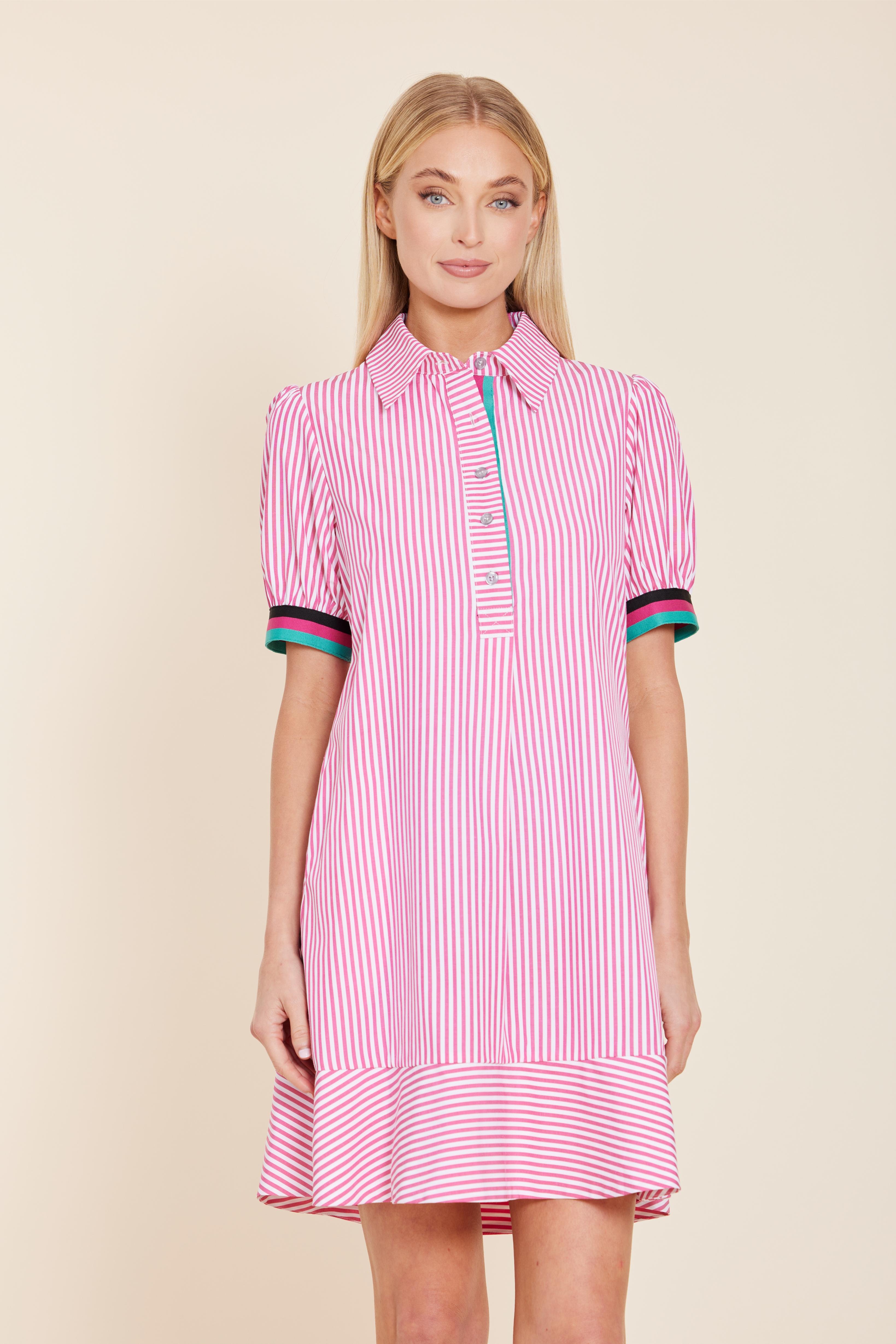 Poplin Shirt Dress with Knit Stripe Trim
