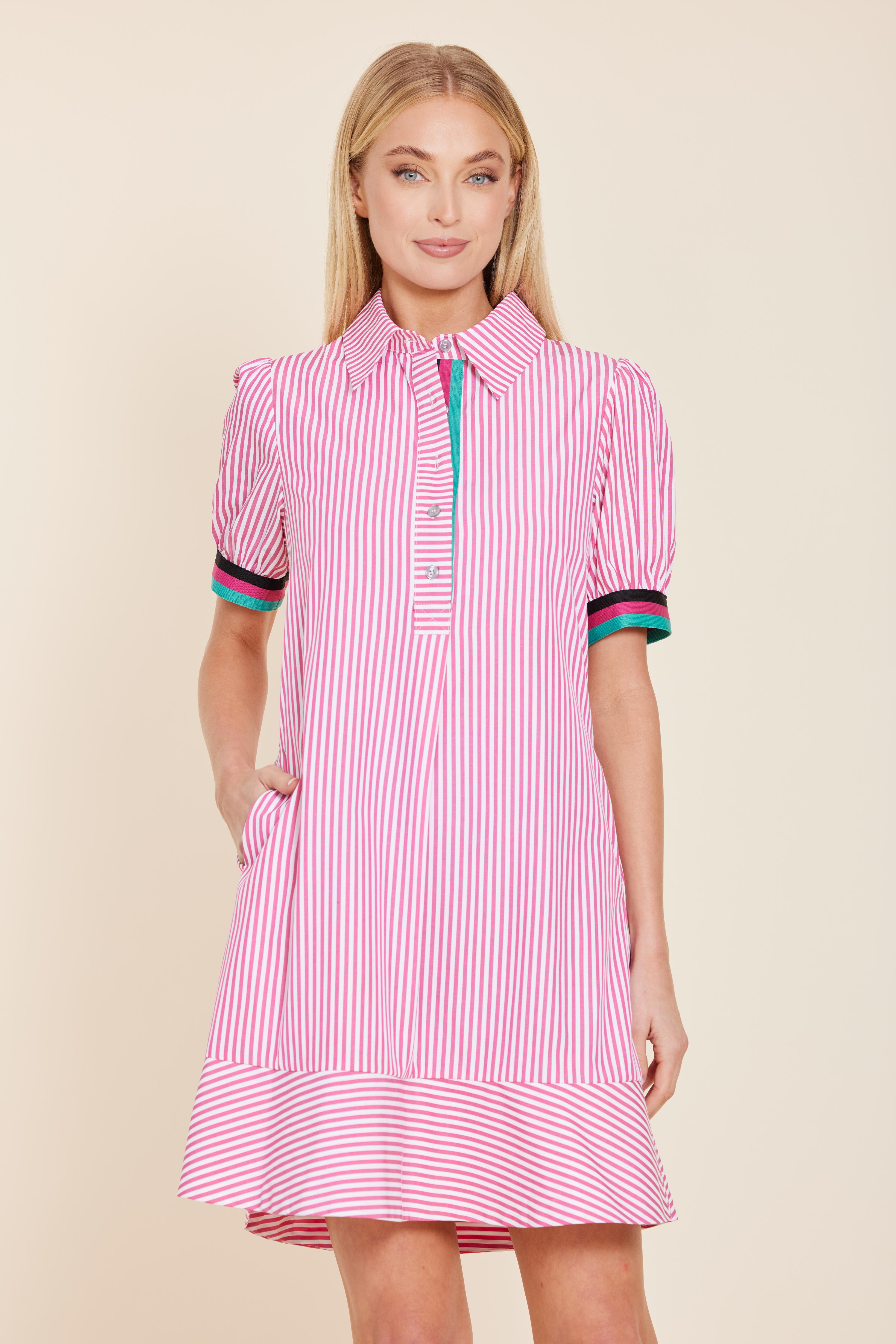 Poplin Shirt Dress with Knit Stripe Trim